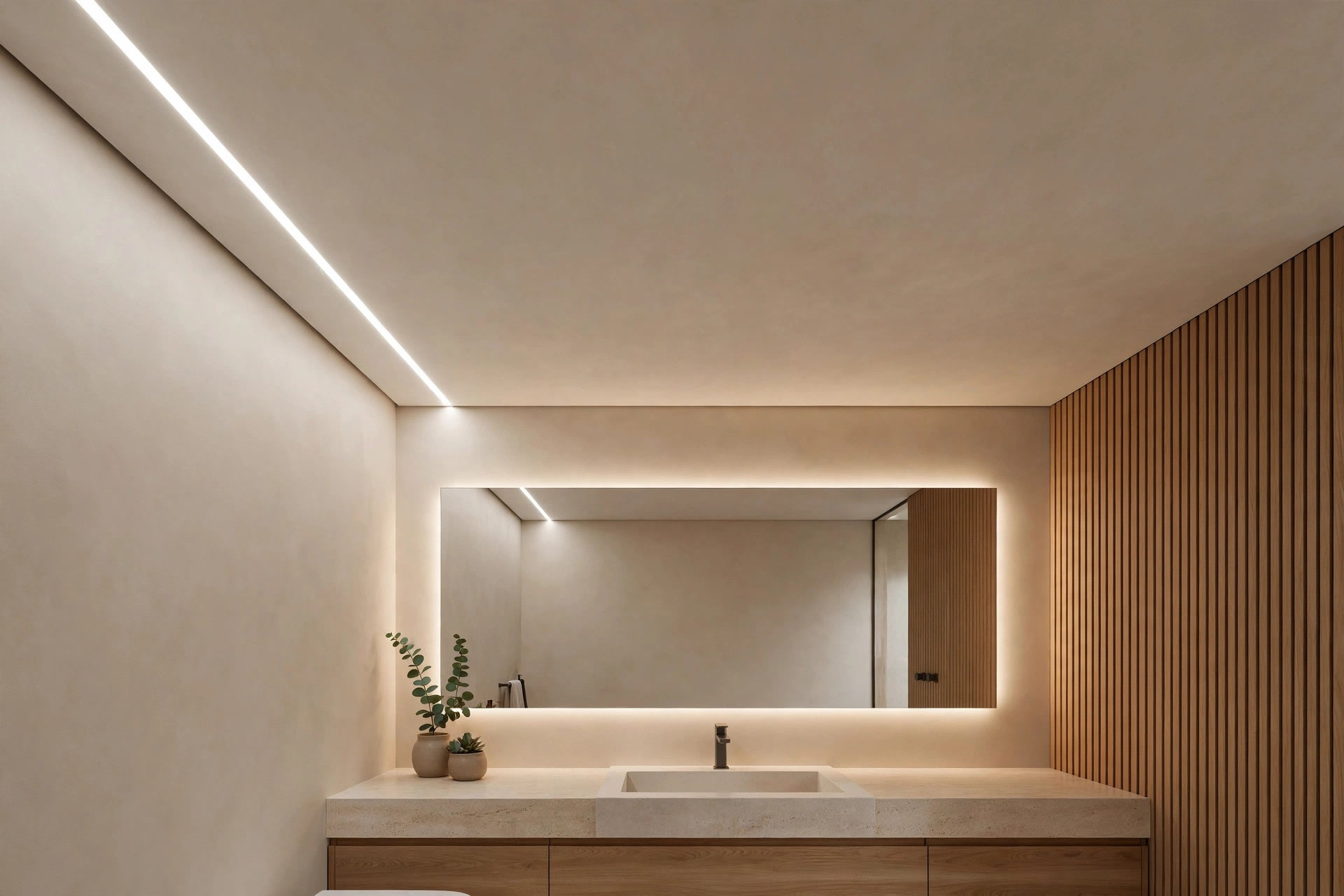 Modern bathroom ceiling with a slim LED profile light running along the edge
