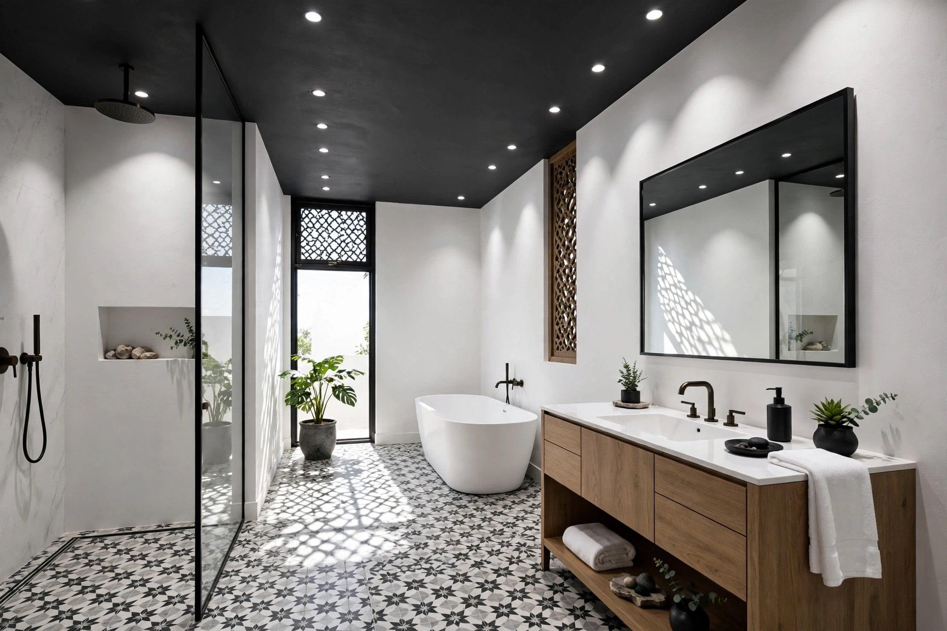 Modern bathroom with a matte dark grey ceiling and bright white walls