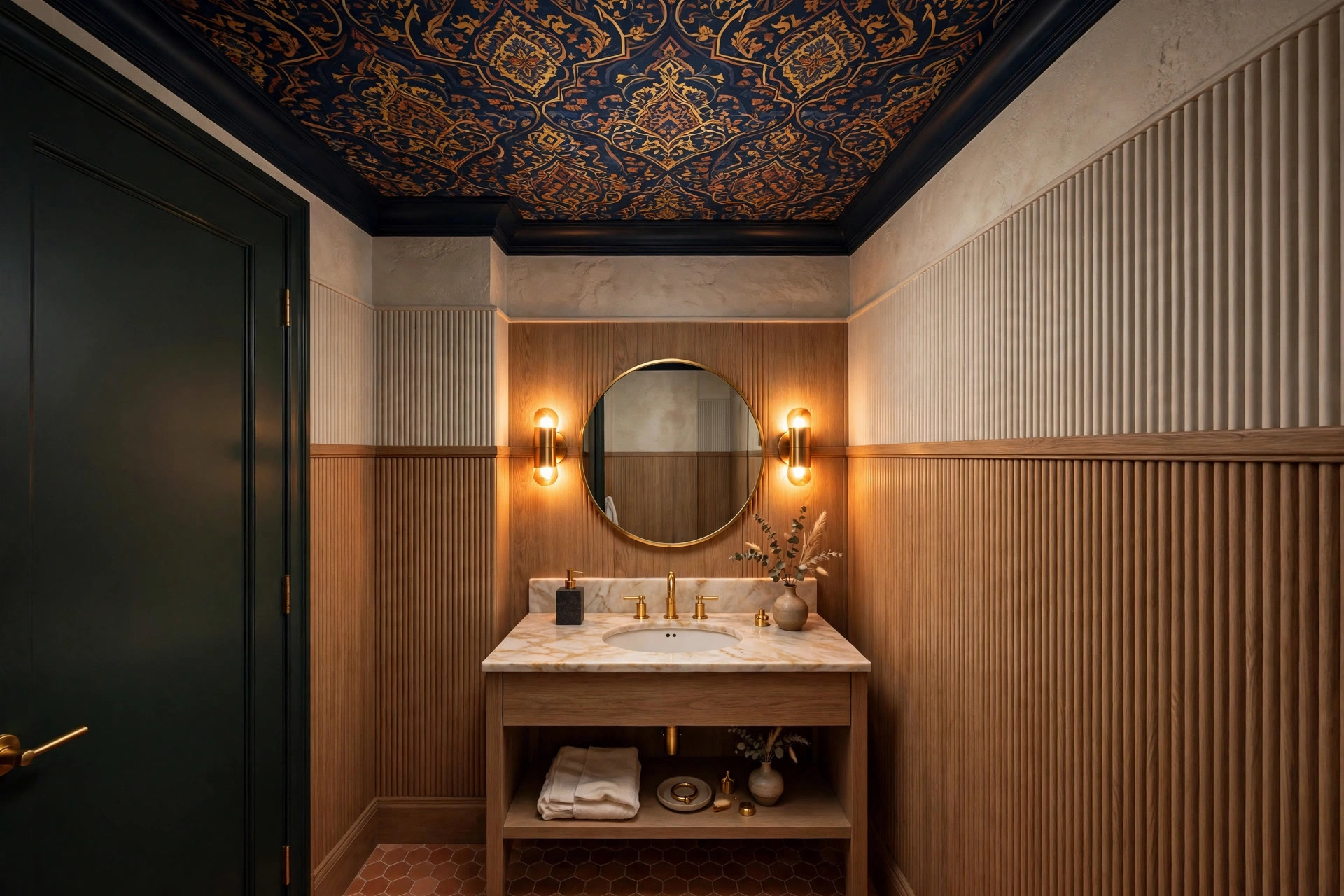 Small powder room with a bold patterned ceiling and warm accent lighting
