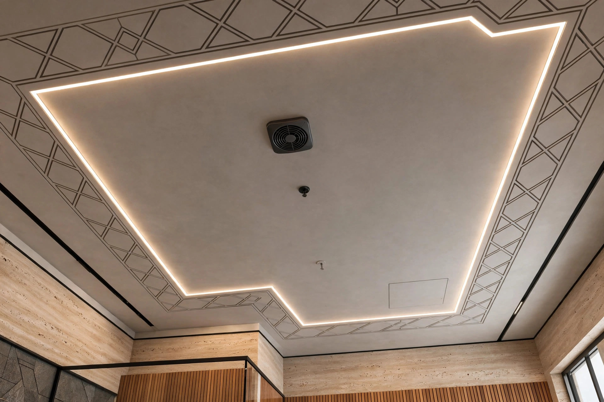 Modern bathroom ceiling with a thin recessed geometric border and LED accent