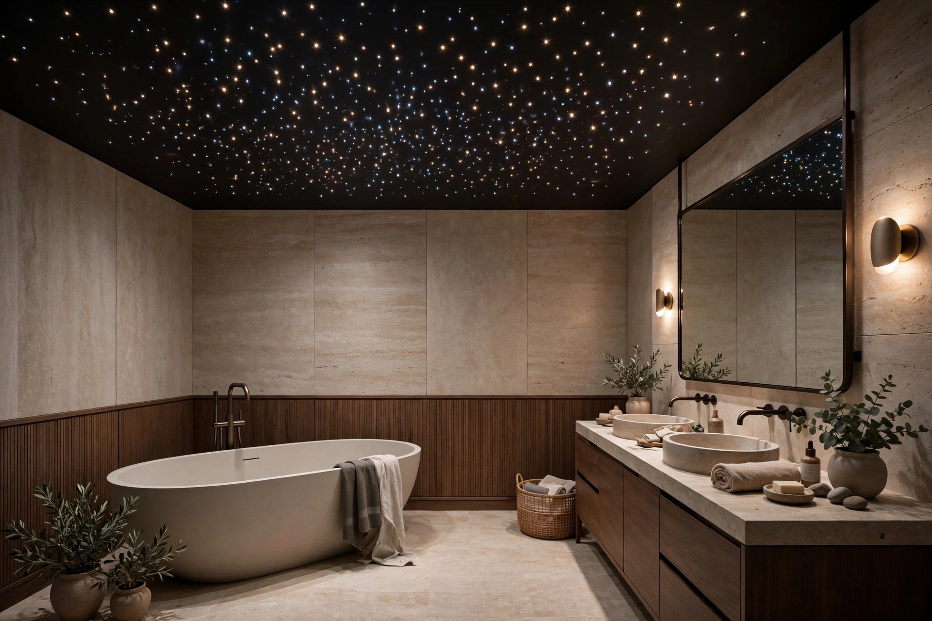 Windowless bathroom with a dark ceiling panel dotted with fibre-optic starlight points