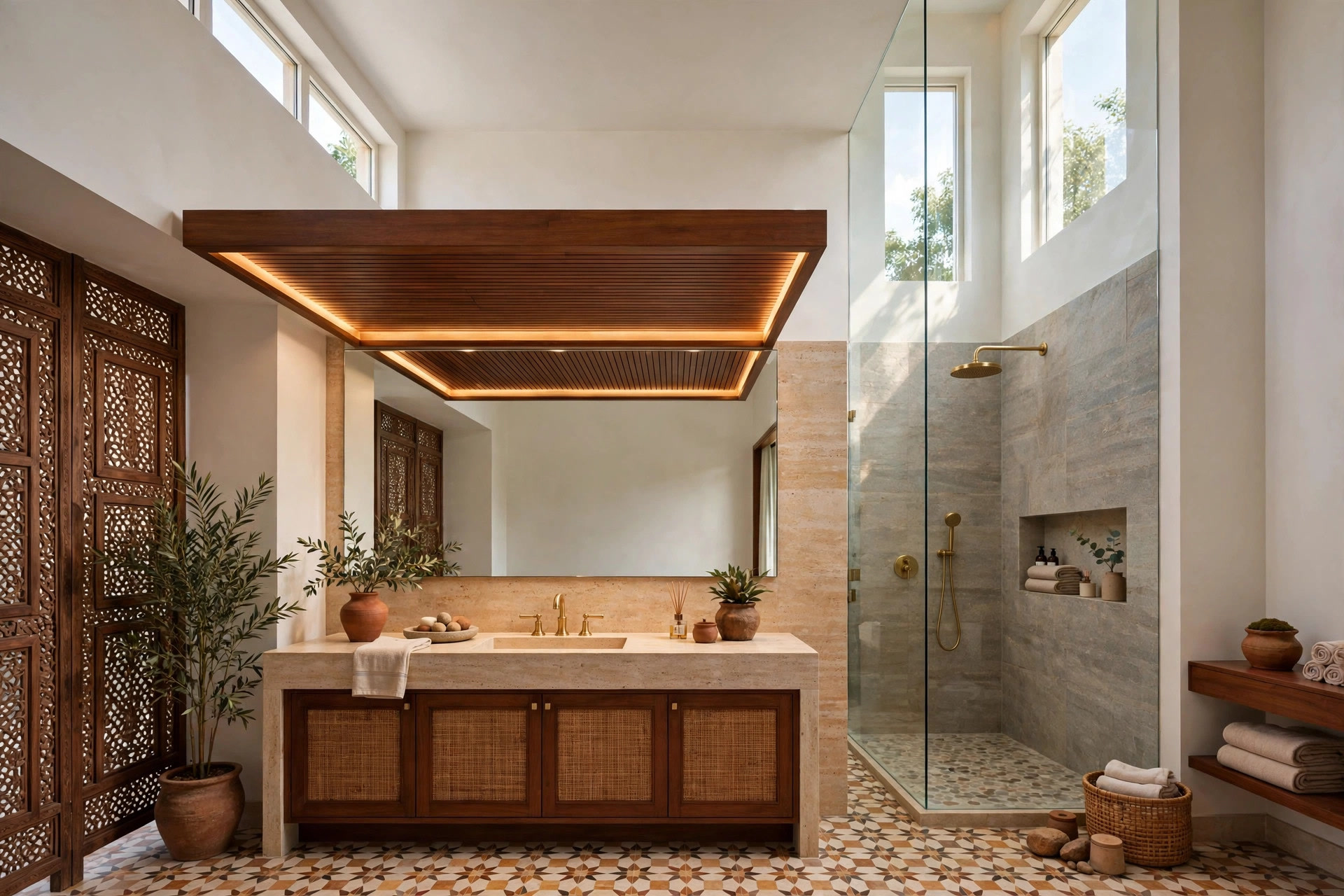 Bathroom with high ceiling and a dropped feature panel over the basin zone