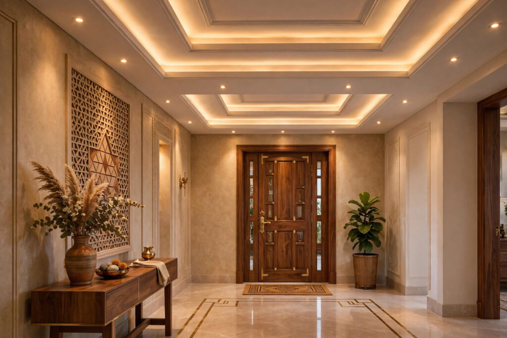 Elegant home lobby with a layered gypsum false ceiling, cove lighting and a wooden main door