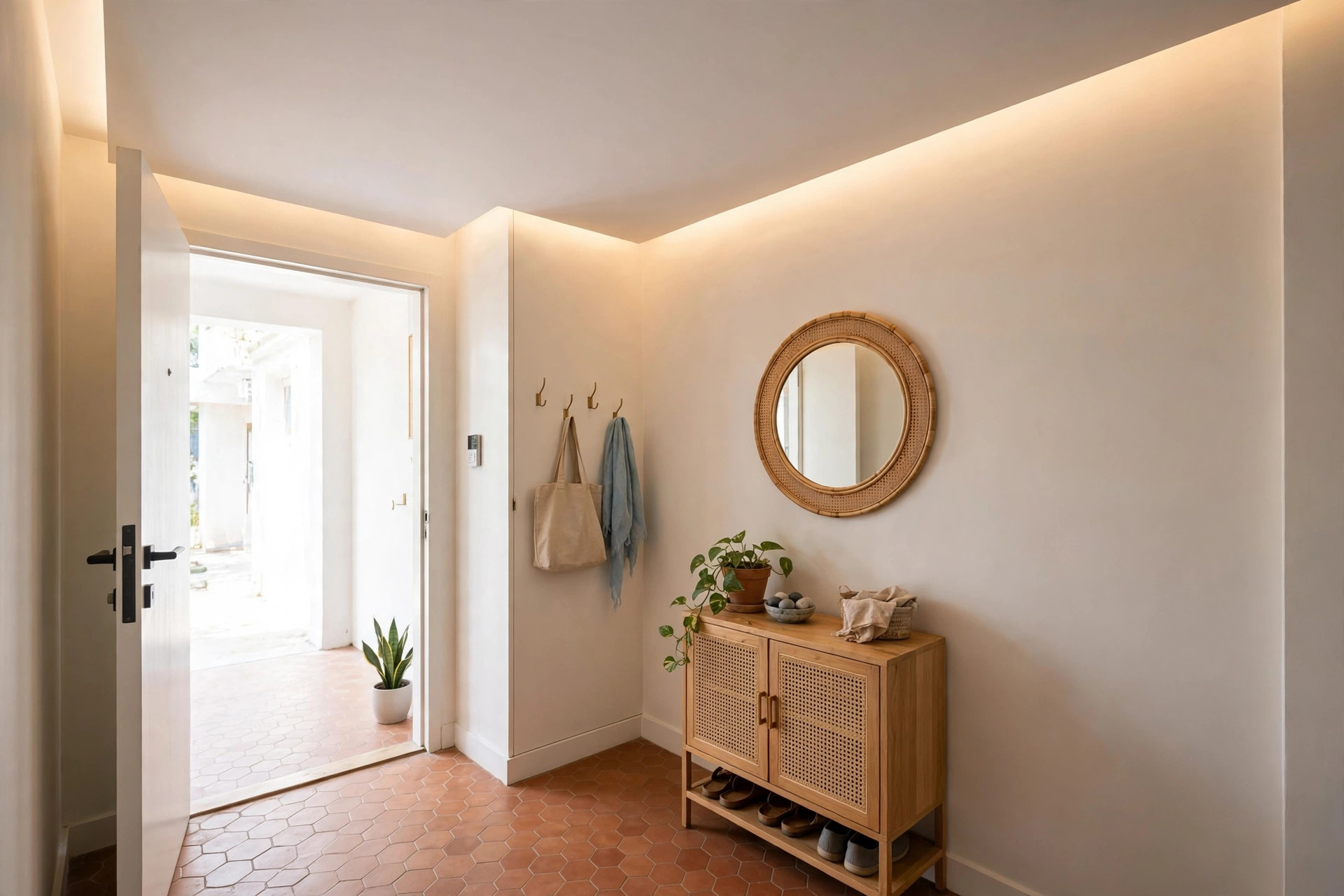 Small apartment lobby with a single-layer white gypsum ceiling and soft cove lighting