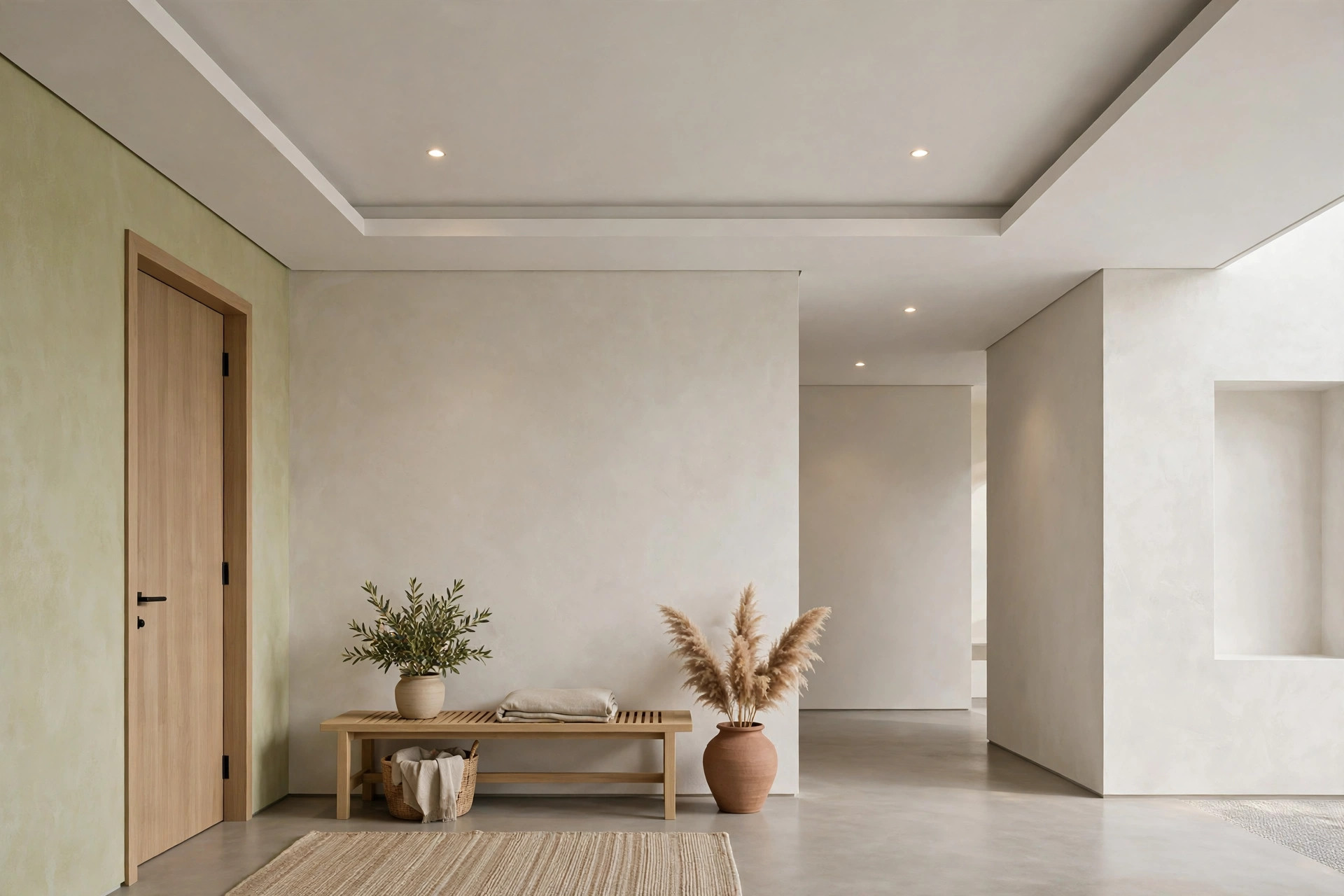 Modern minimalist lobby with a clean flat gypsum ceiling and recessed spotlights