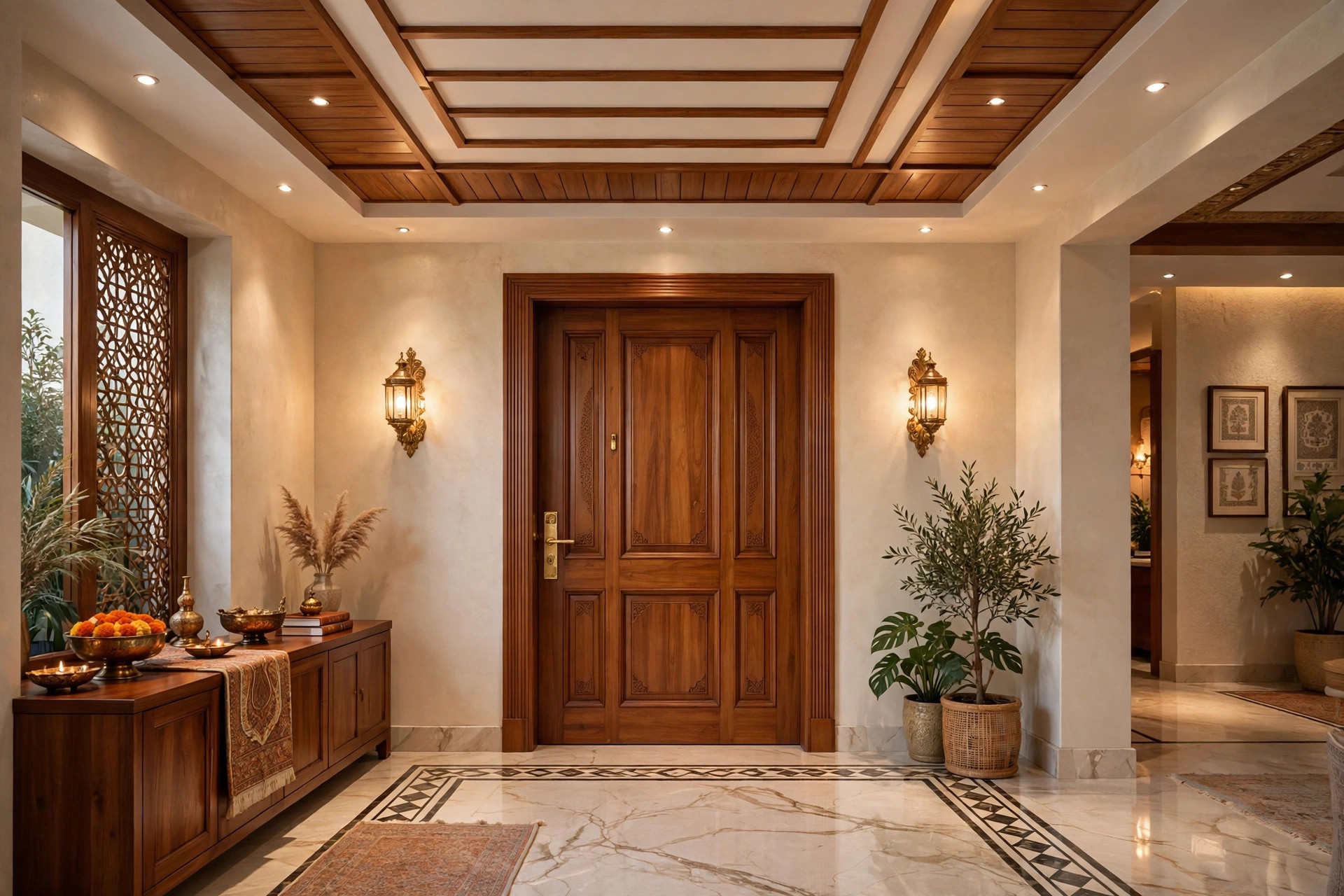 Luxurious lobby with a gypsum ceiling with warm wooden panel accents and downlights