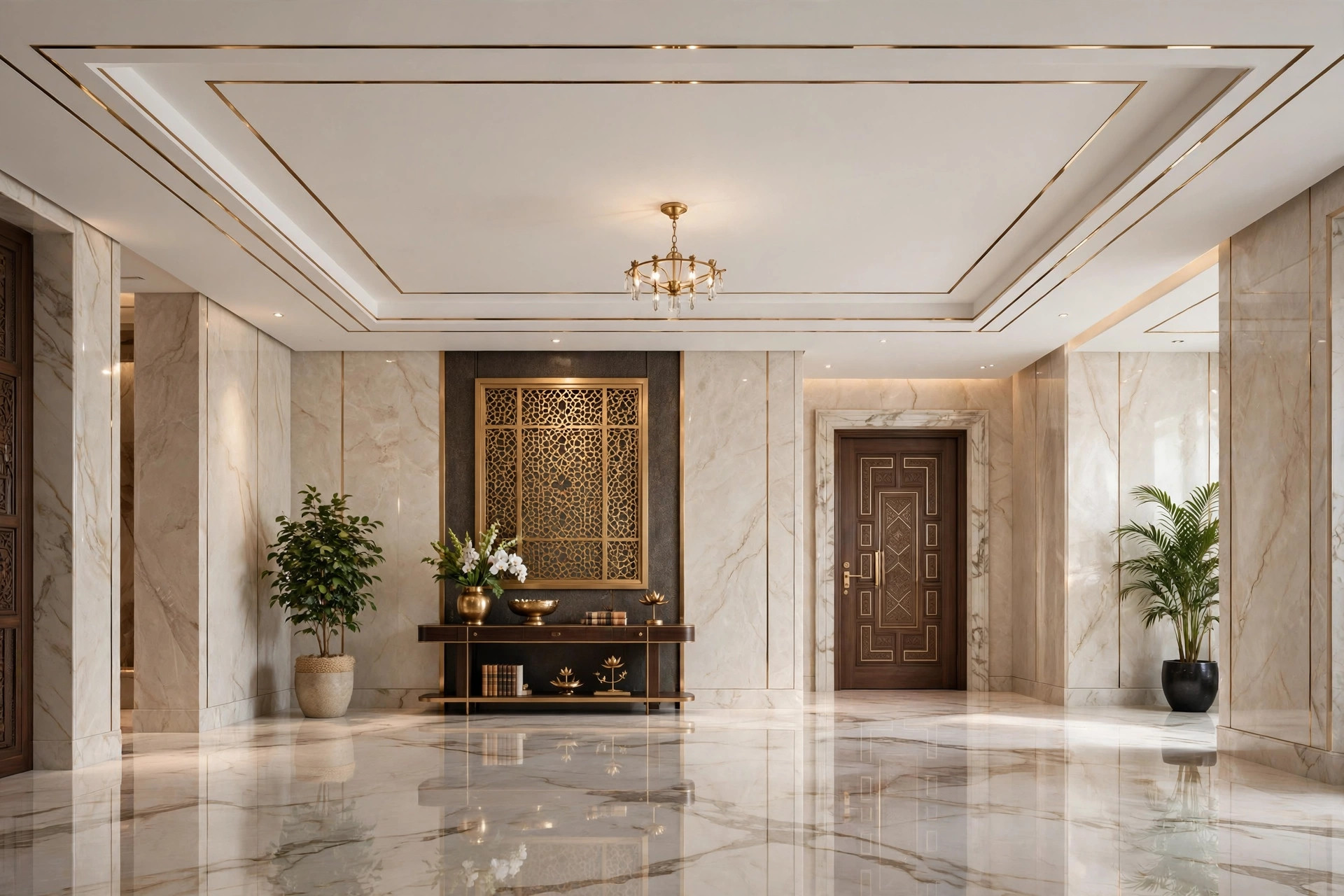 Upscale lobby with a white false ceiling with slim brass trim inlays and a chandelier