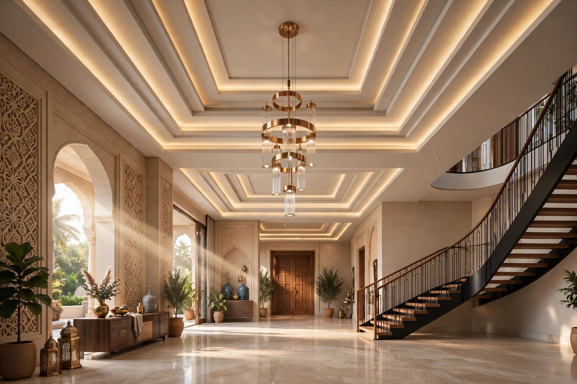 Grand villa lobby with a double-height false ceiling and a modern chandelier