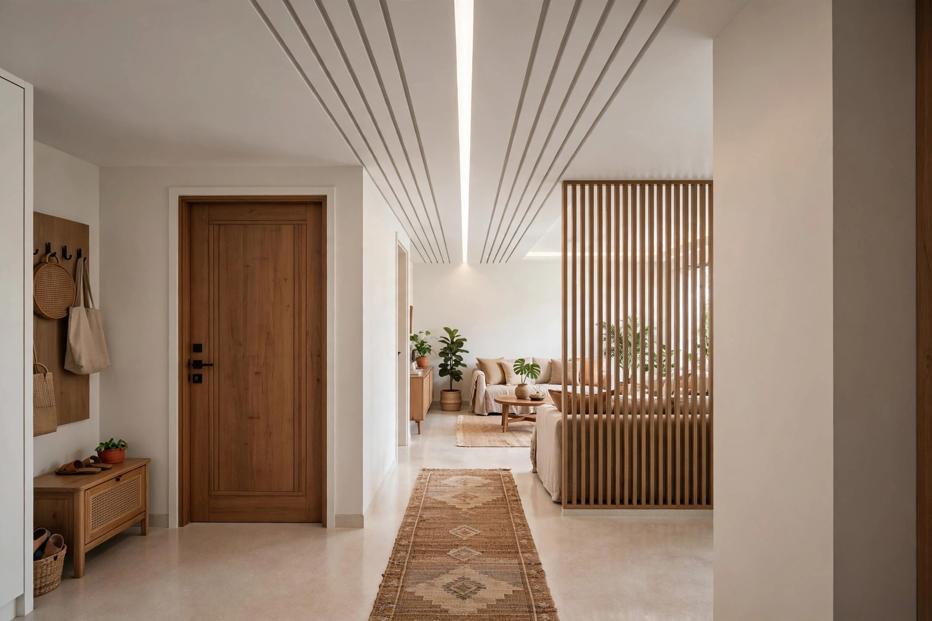 Lobby with slim directional grooves and a linear LED strip guiding toward the living room