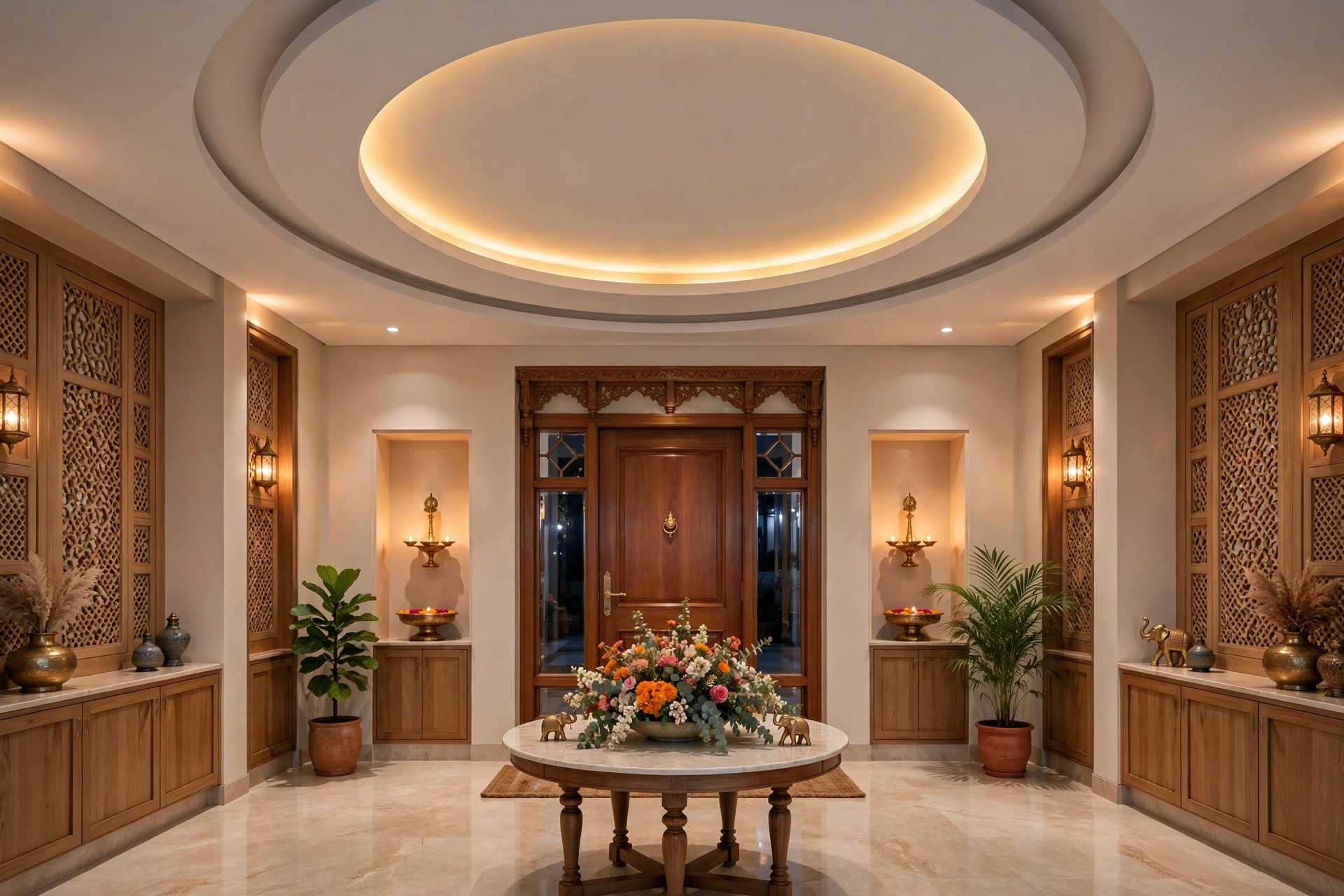 Entrance lobby with a circular recessed gypsum tray ceiling and warm LED ring