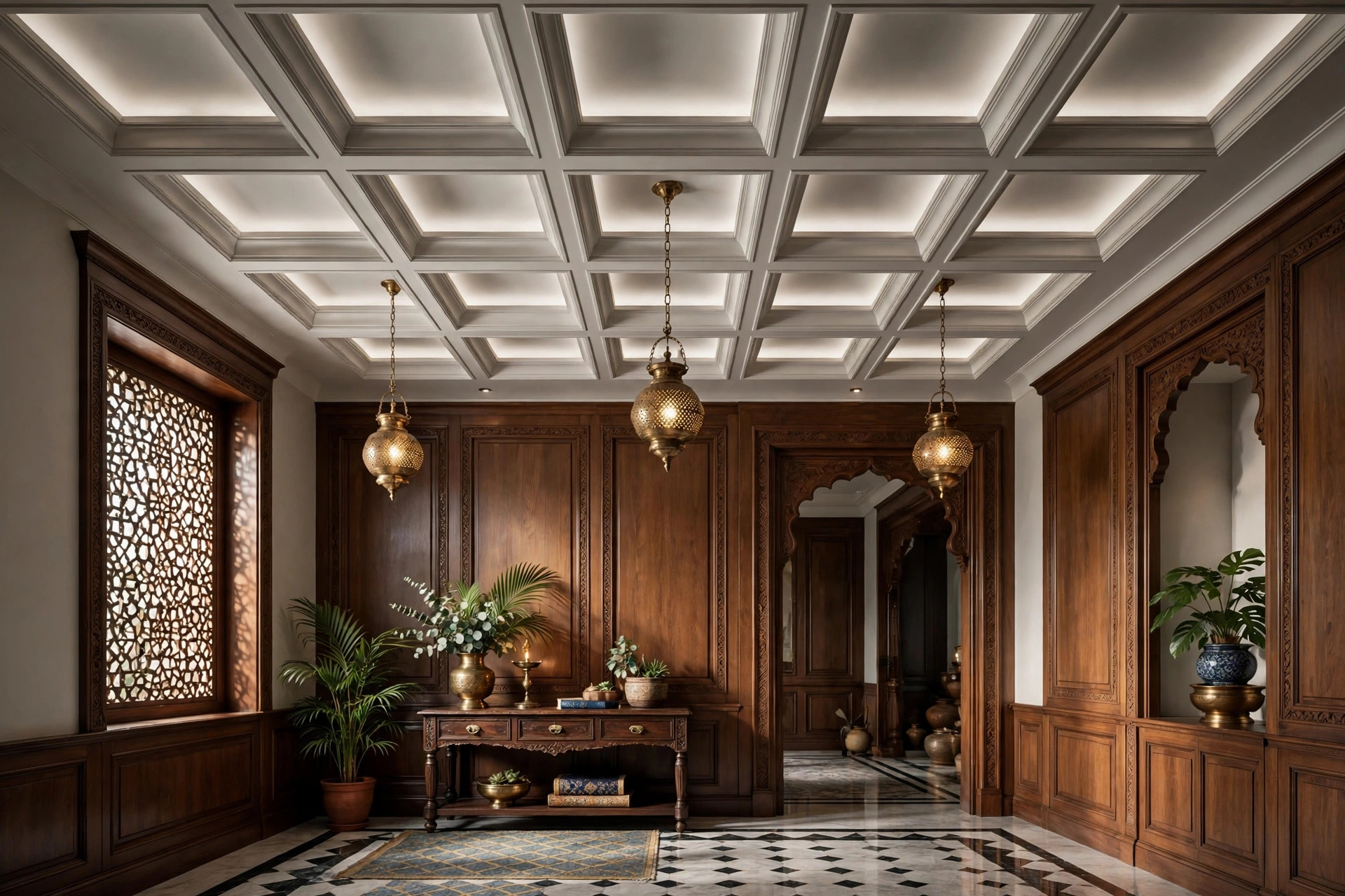Classic lobby with an inverted coffered false ceiling and brass pendant lights