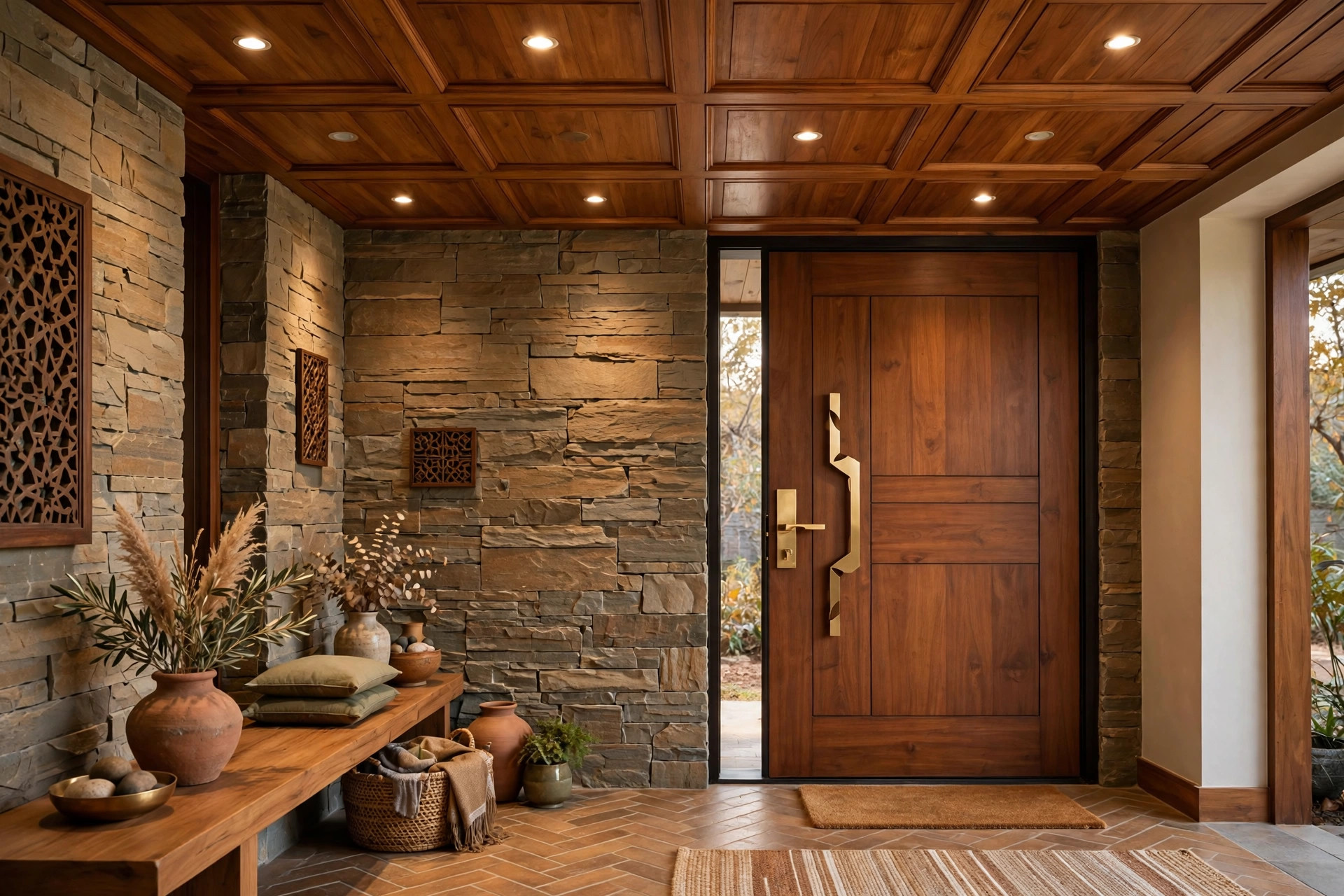 Home entrance with a panelled wooden false ceiling and recessed lights above the door