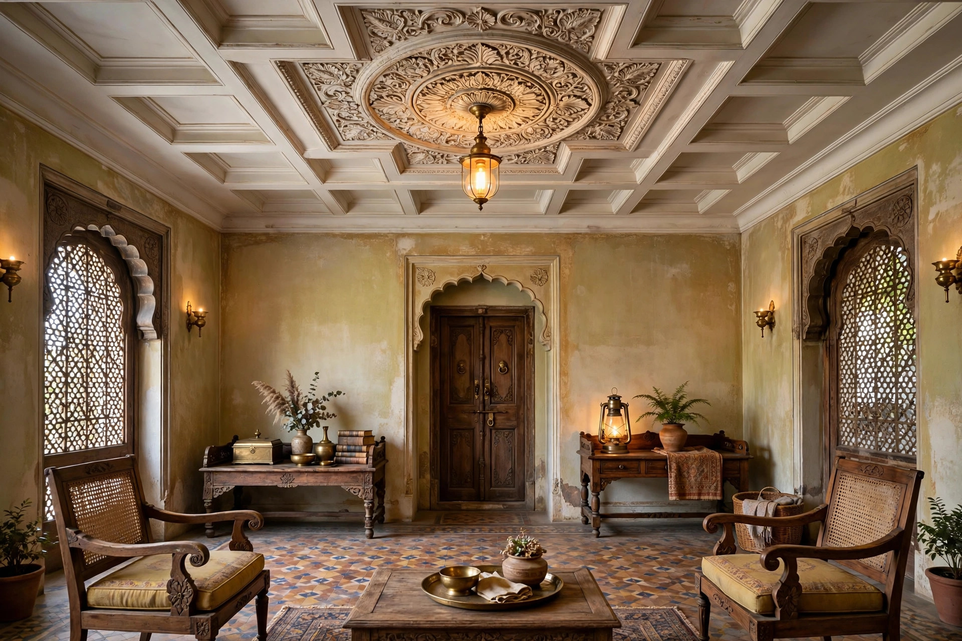 Heritage-style lobby with an antique ceiling medallion and warm pendant light