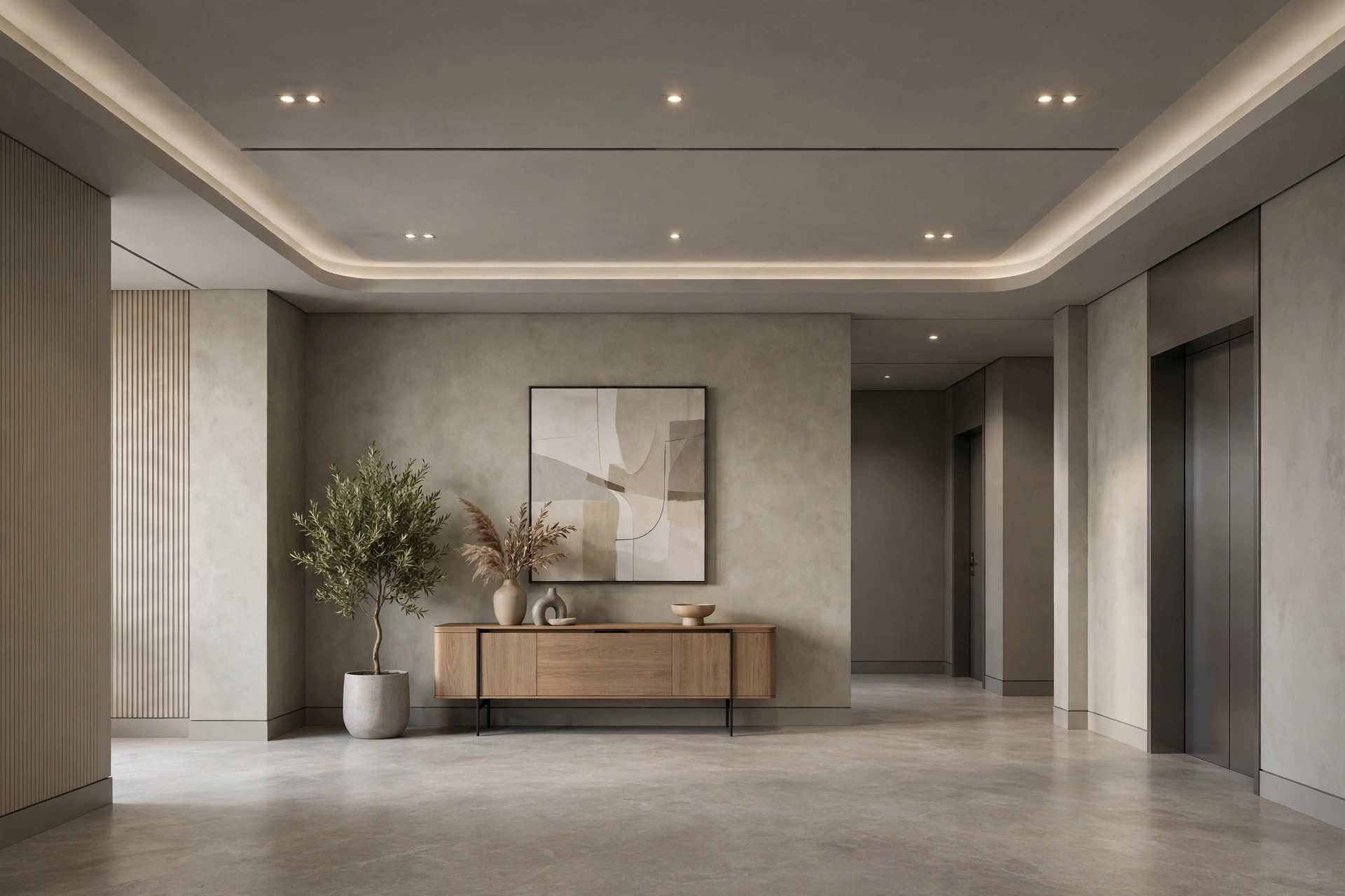 Contemporary lobby with a sleek neutral false ceiling and hidden cove light