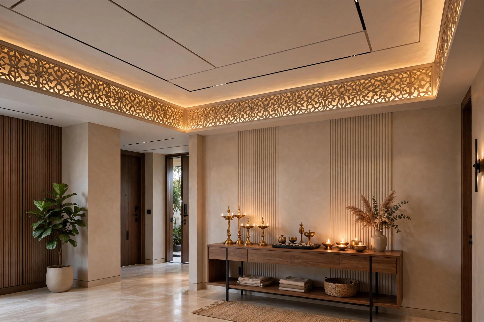 Lobby with an indo-modern false ceiling with a backlit jali-pattern border panel