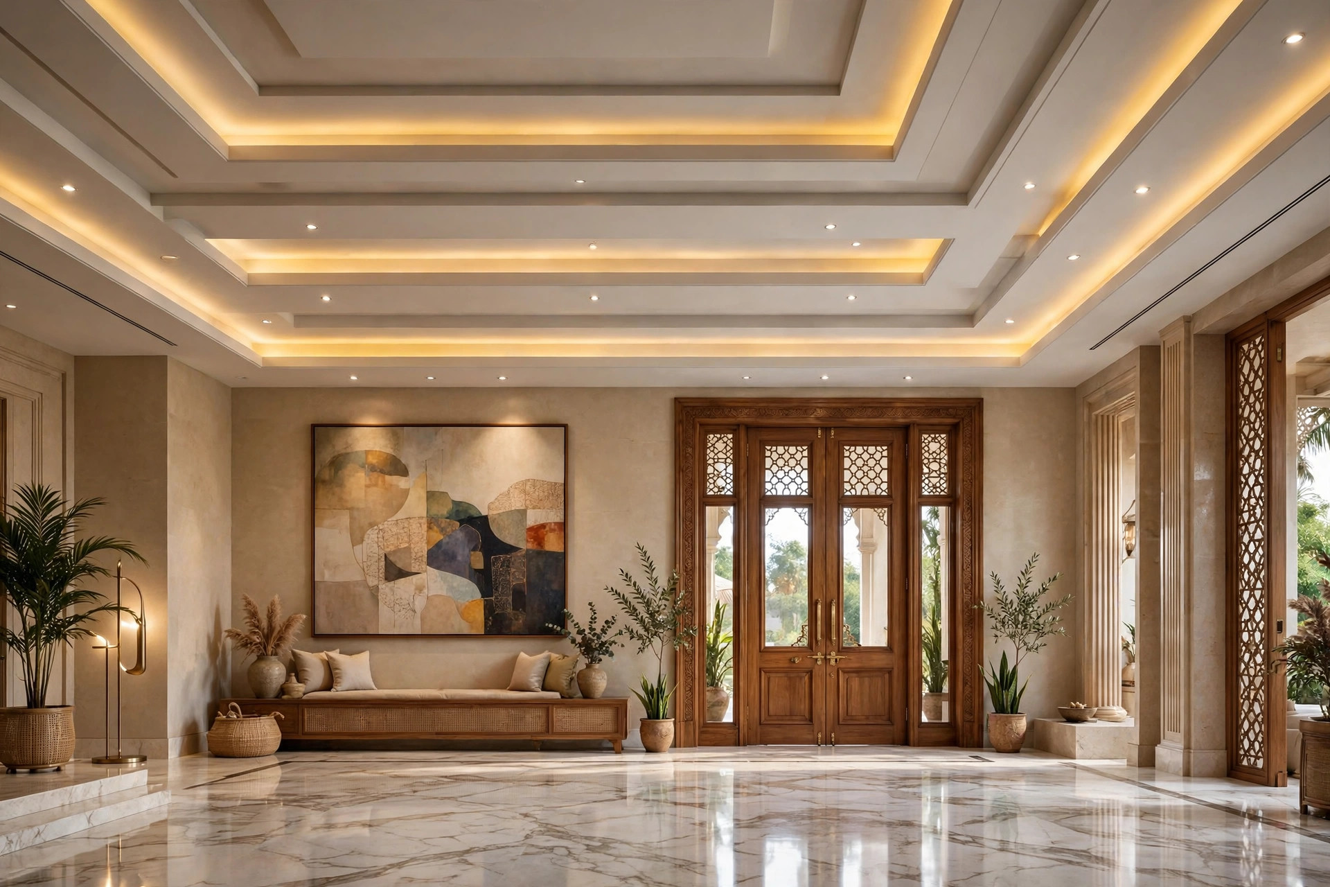 Spacious villa entrance with a multi-layer designer false ceiling and layered lighting