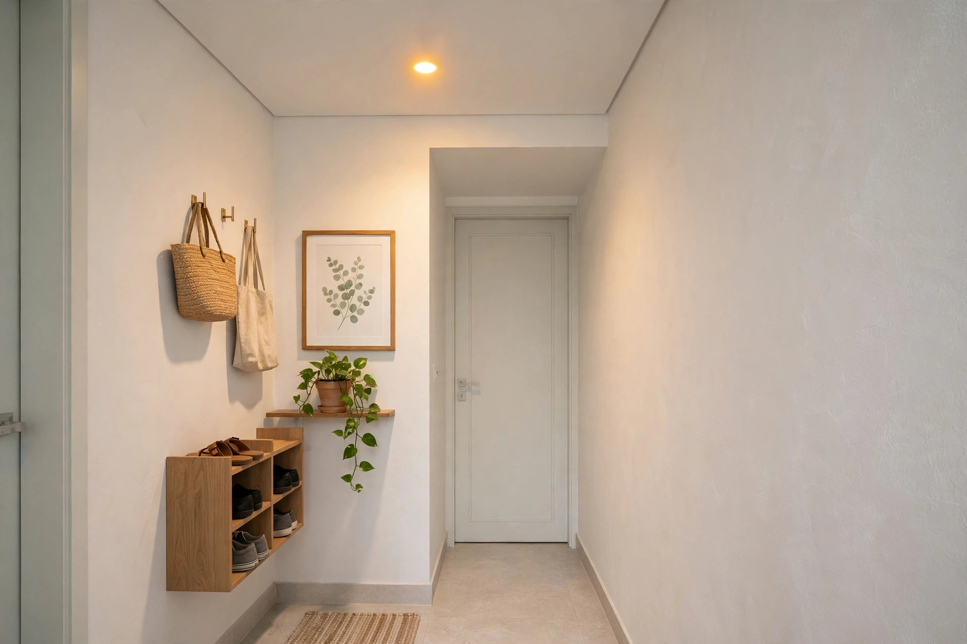 Compact flat entryway with a minimal white false ceiling and one warm recessed light