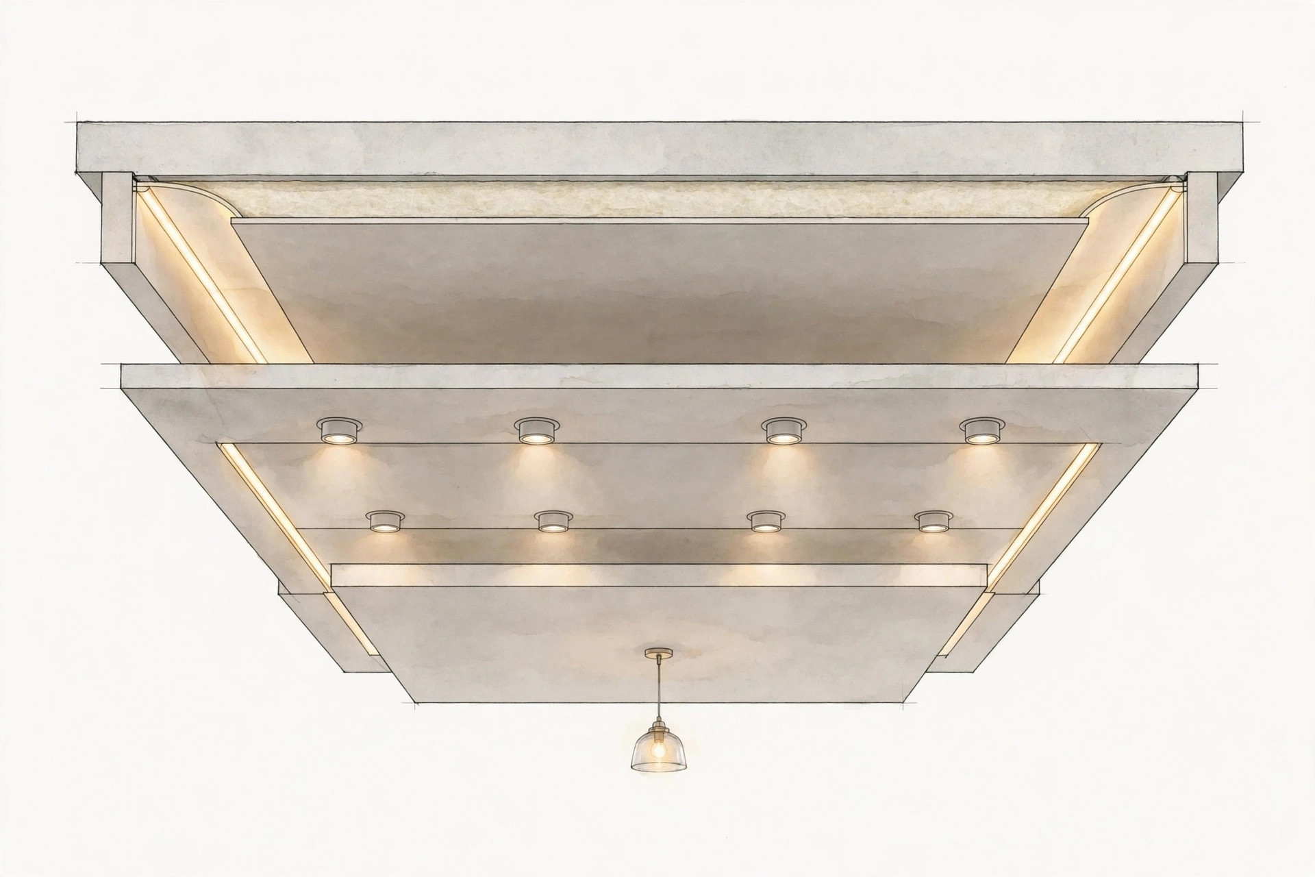 Diagram showing three lighting layers in a lobby ceiling: cove, downlights and pendant