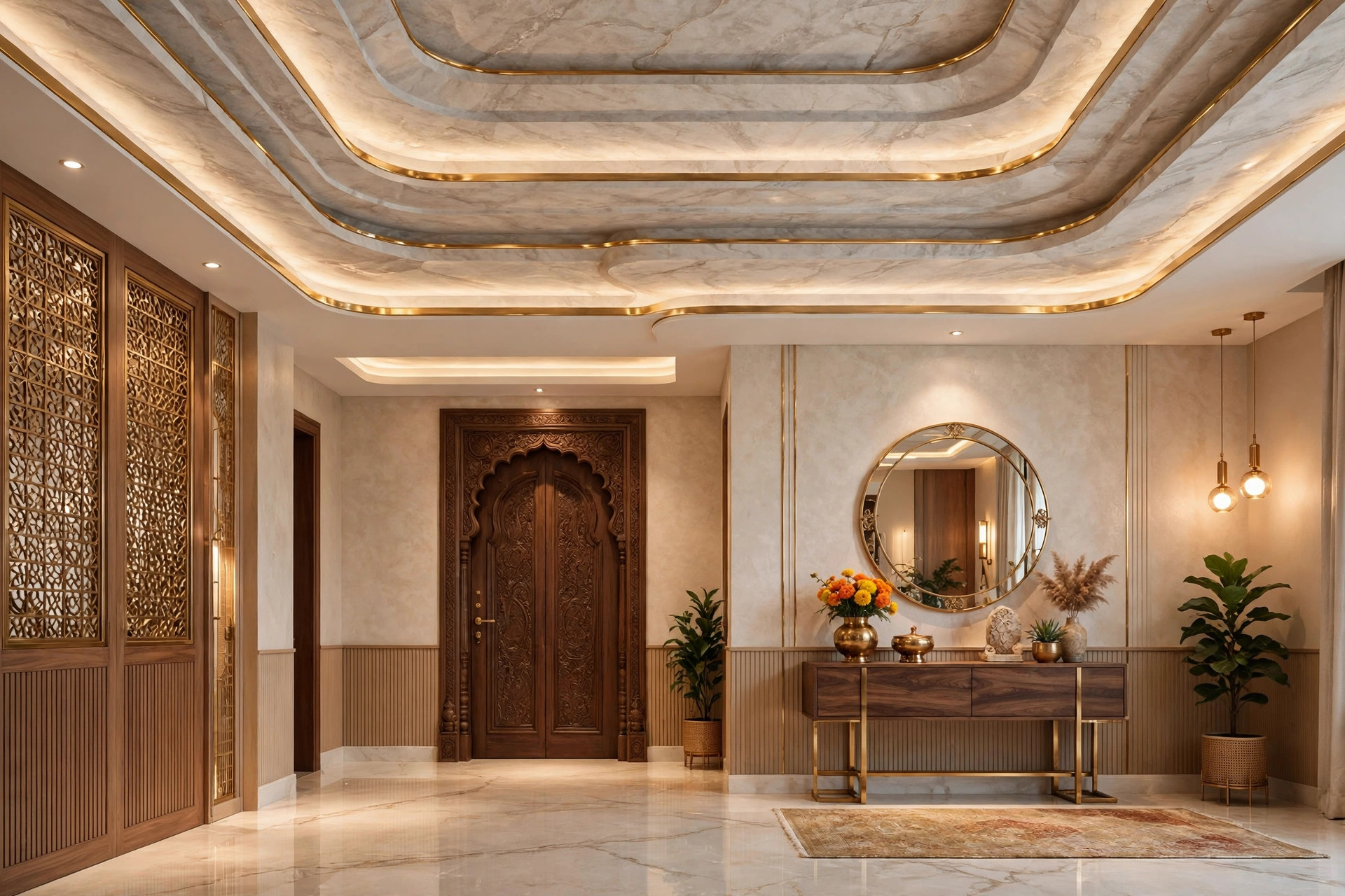 Lobby with a marble-textured POP false ceiling and gold trim accents
