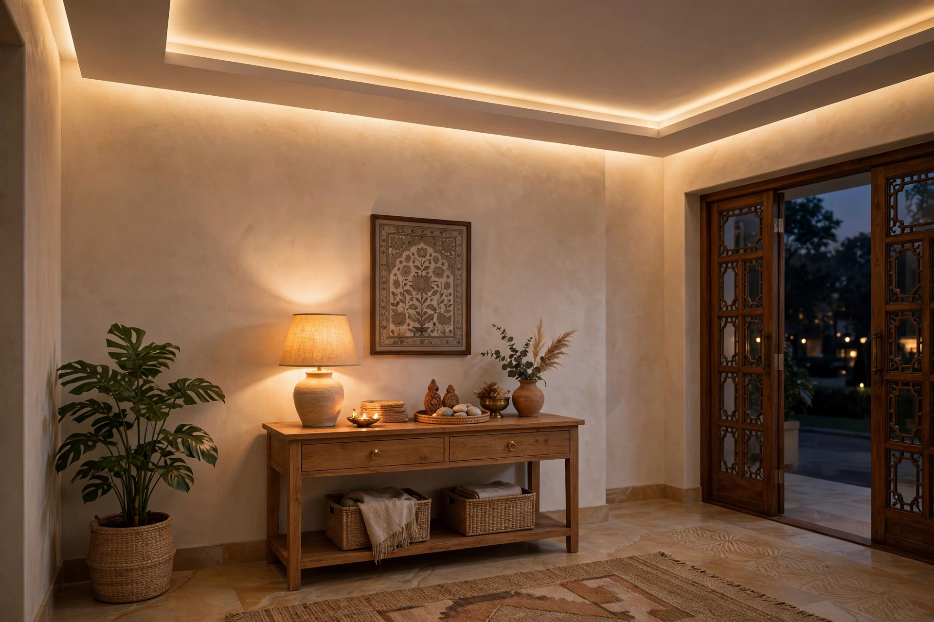 Lobby at evening with warm cove lighting washing the walls
