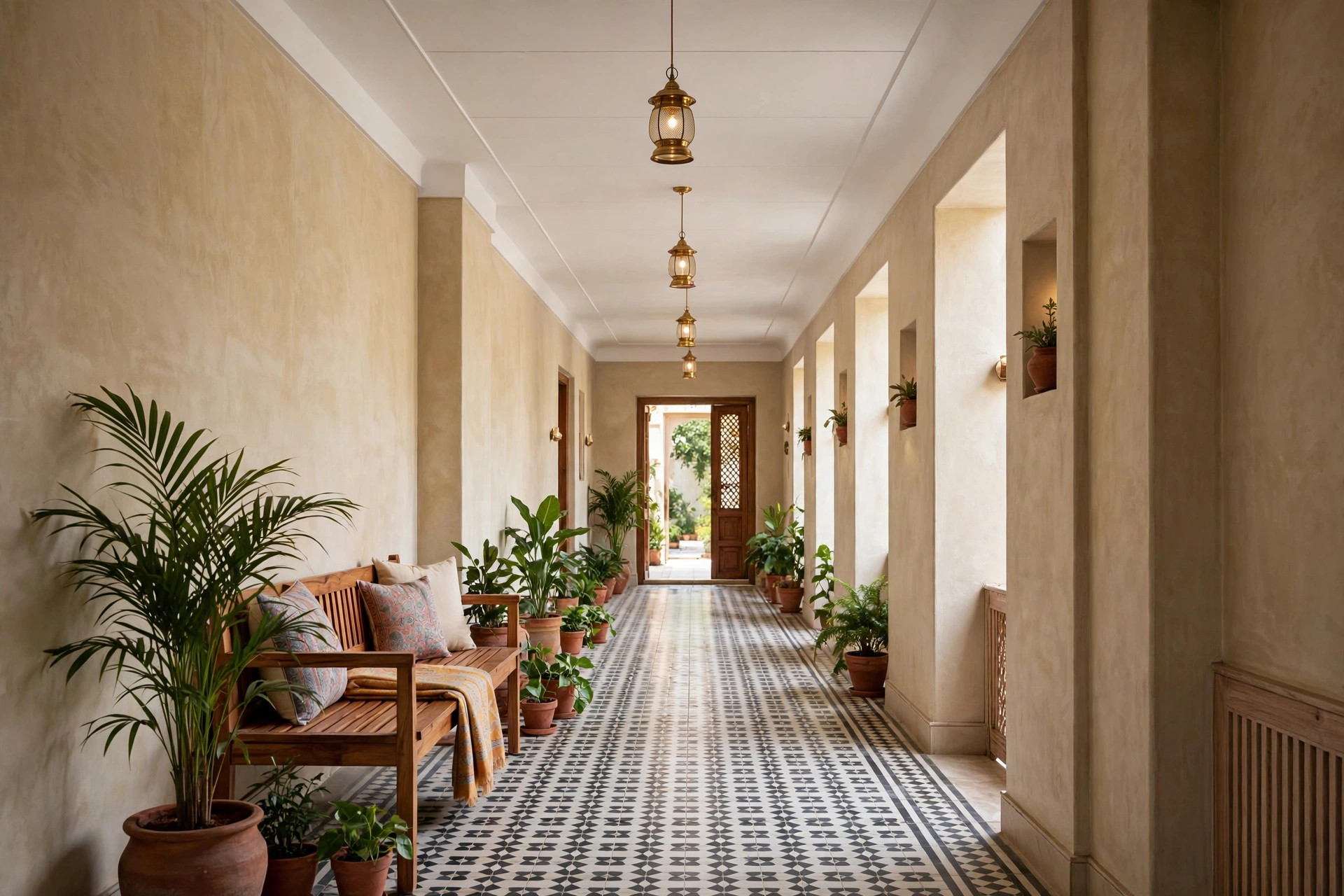Long entrance corridor with a flat ceiling and a row of three brass pendant lights