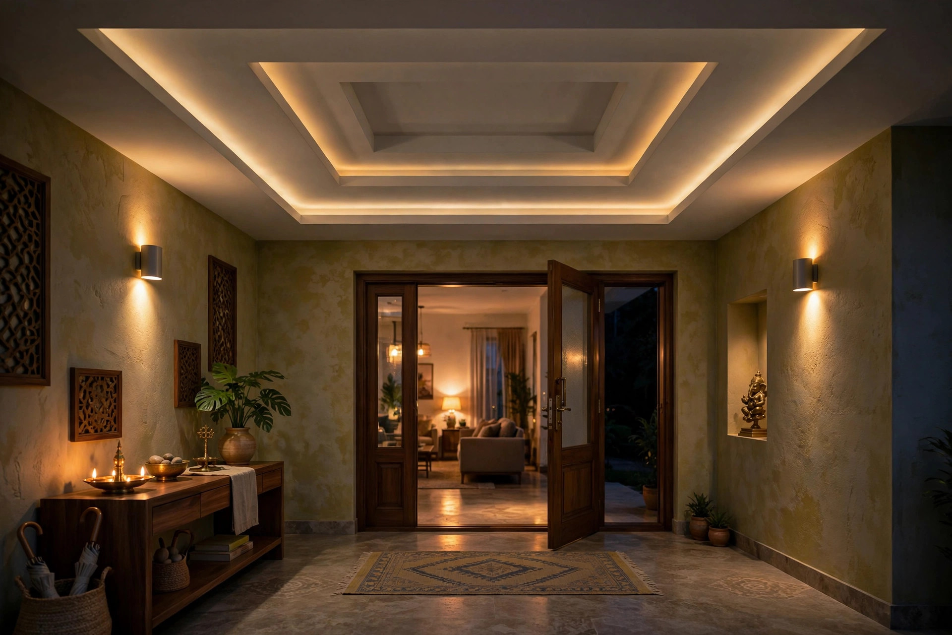 Home lobby at night with dimmed cove lights and wall washers