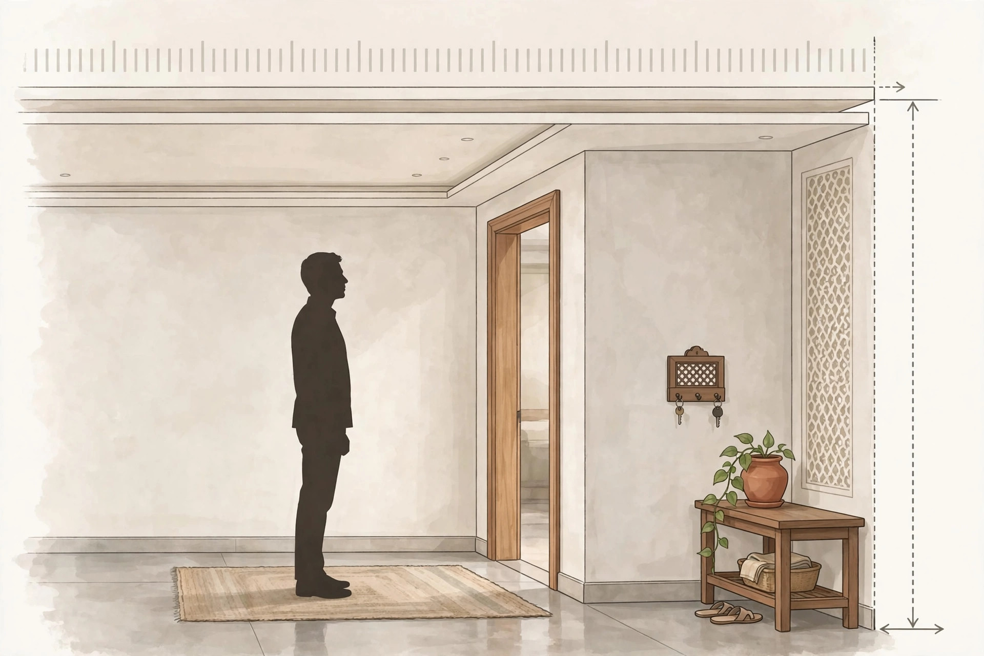 Illustration showing a person standing with comfortable headroom under a shallow lobby false ceiling