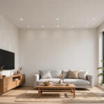 Living room with a simple flat white gypsum false ceiling and recessed spotlights