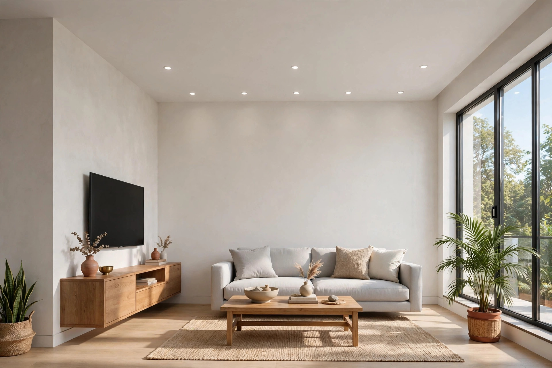 Living room with a simple flat white gypsum false ceiling and recessed spotlights