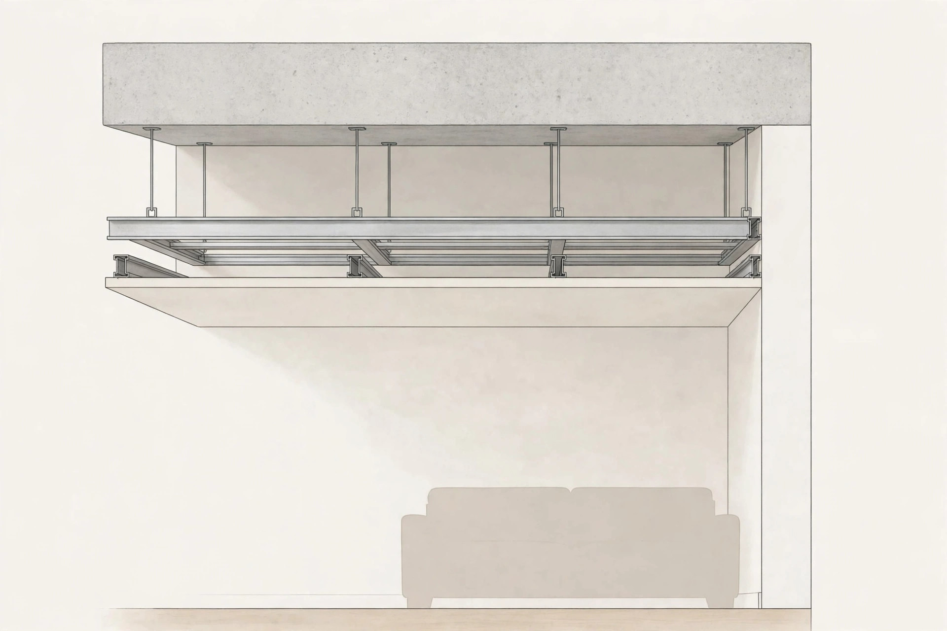 Diagram showing a shallow 4 to 5 inch drop between the slab and a gypsum false ceiling
