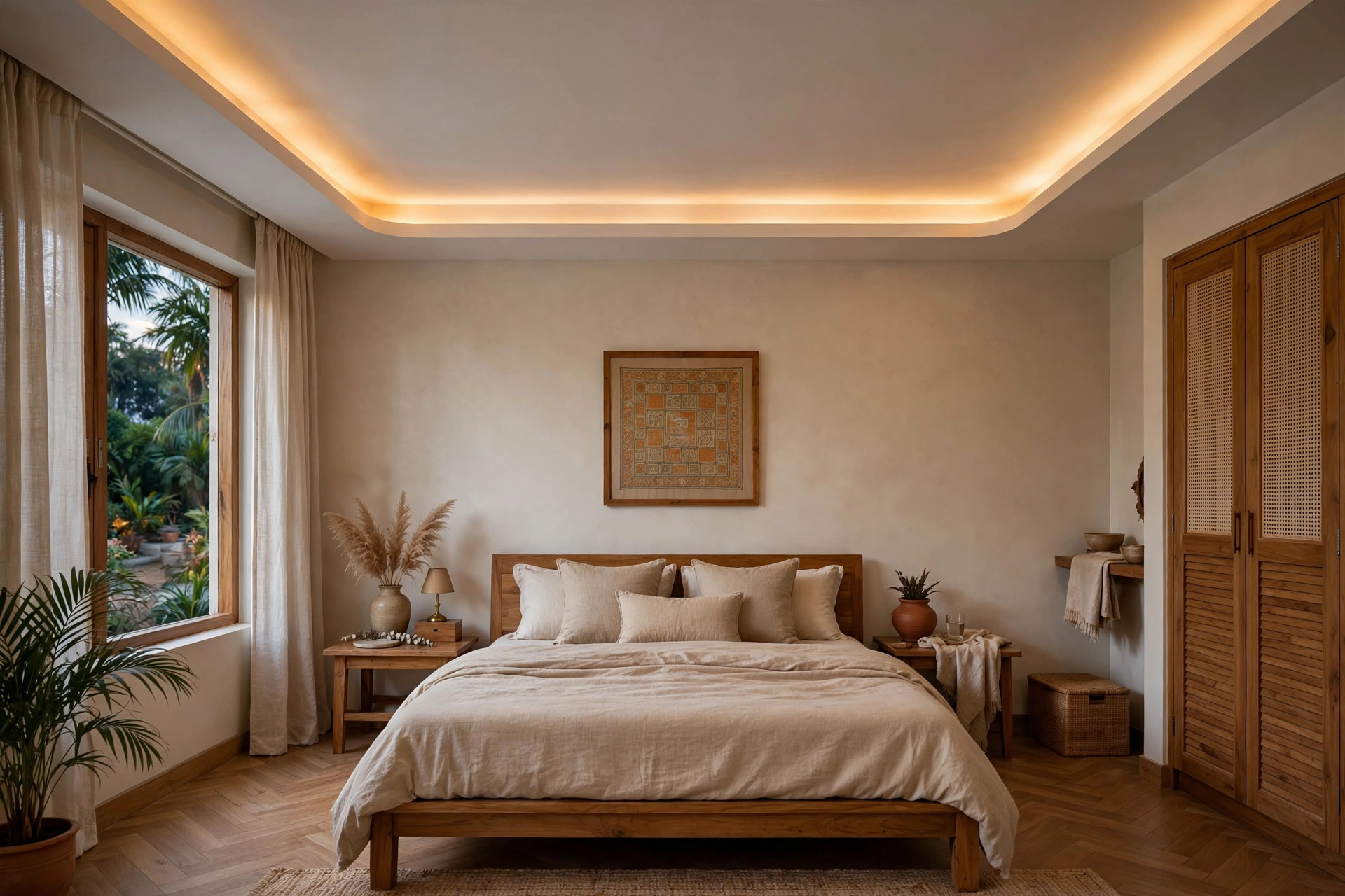 Bedroom with a gypsum perimeter border ceiling and hidden warm LED cove light