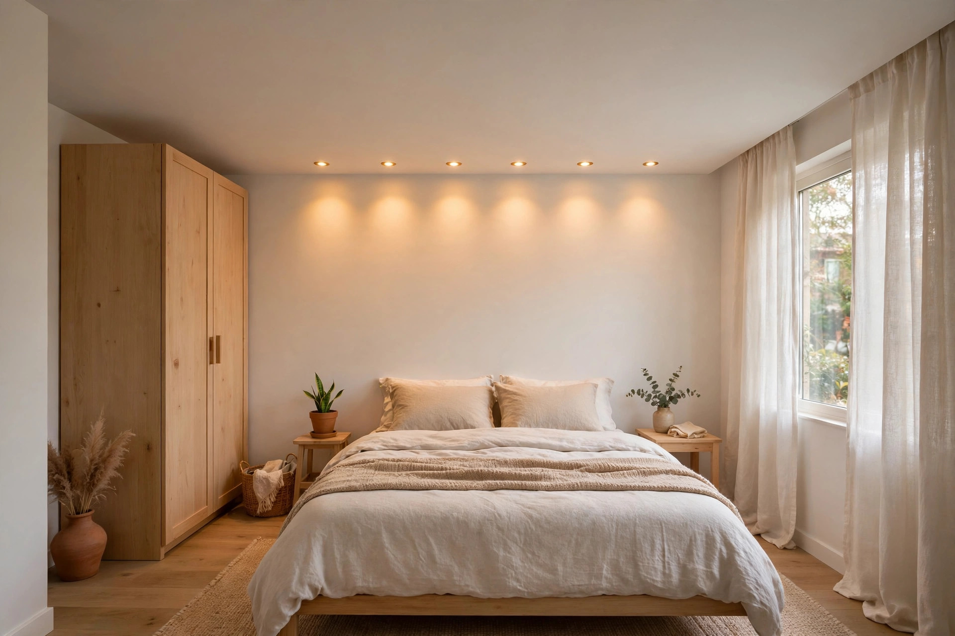Compact bedroom with a flat single-layer gypsum ceiling and warm recessed spotlights