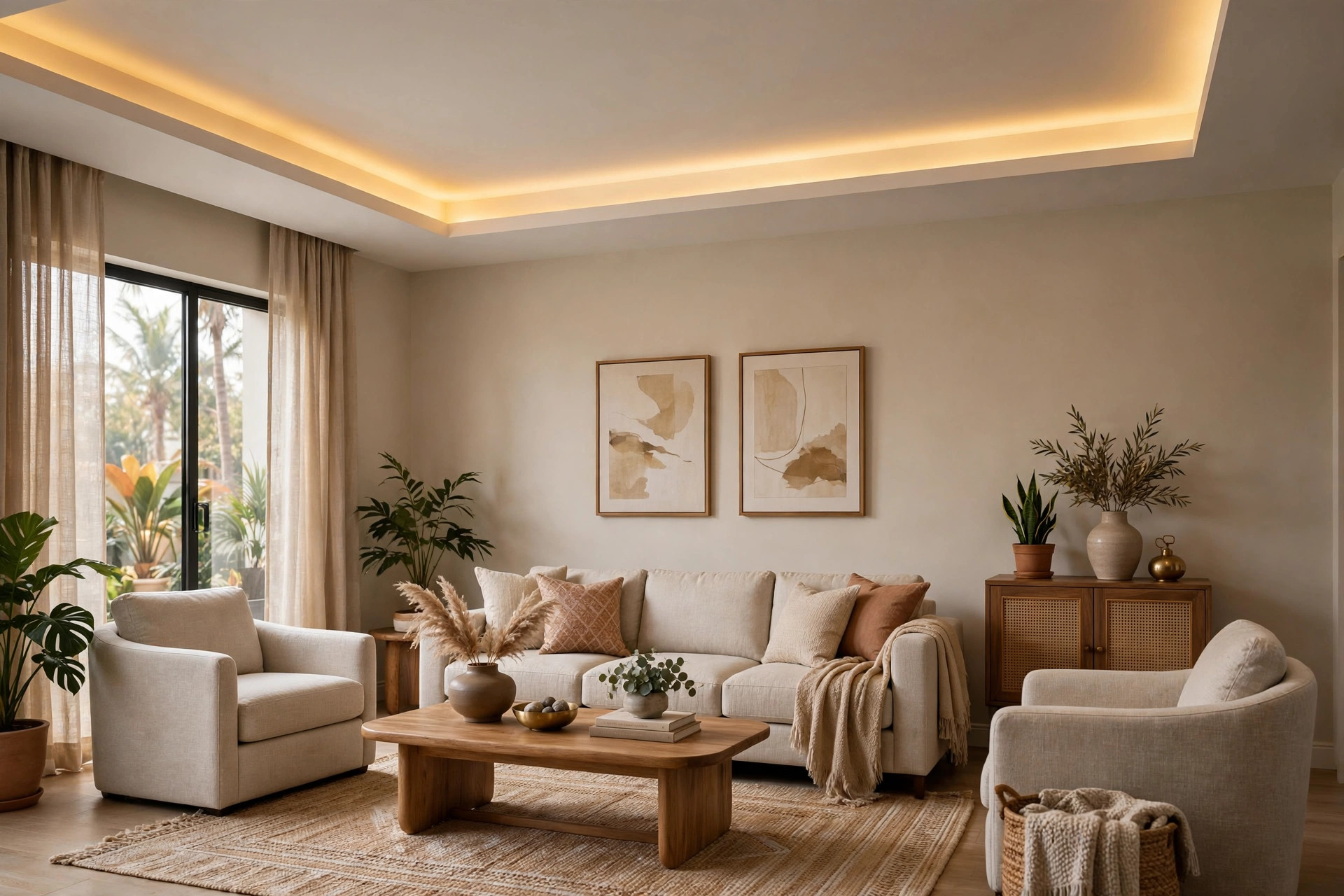 Living room with a simple single-step gypsum tray ceiling and soft light inside the tray