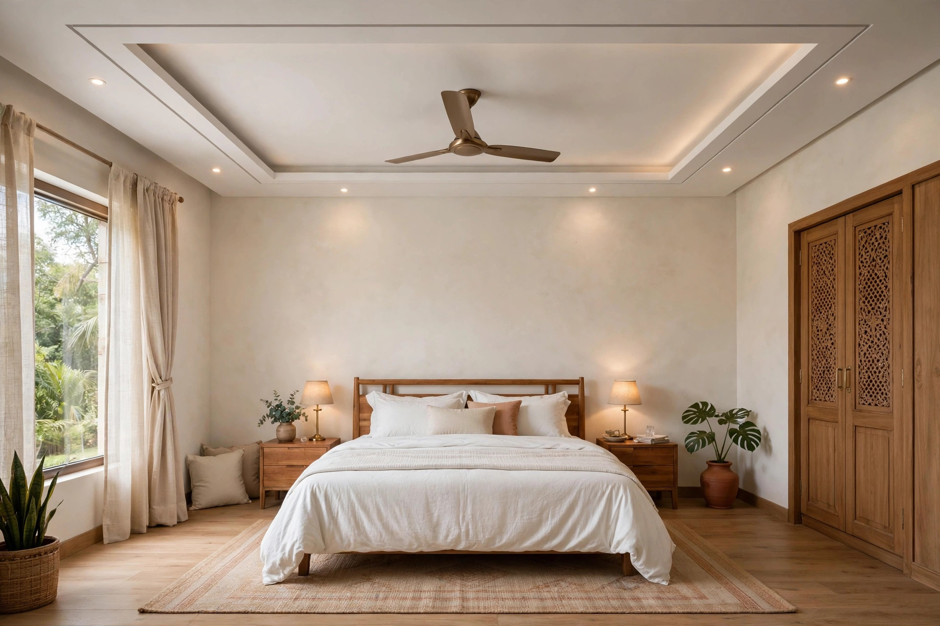 Bedroom with a recessed gypsum border ceiling and a ceiling fan at the centre