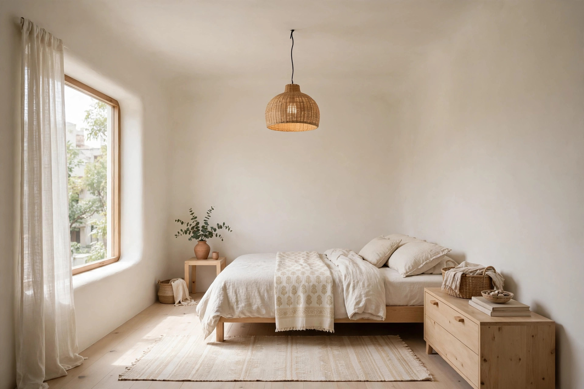 Small bedroom where the gypsum ceiling and walls share the same warm off-white shade