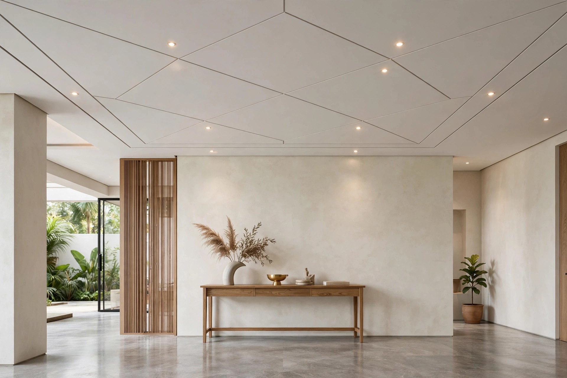 Hall with a flat gypsum ceiling with slim recessed groove lines in a geometric pattern