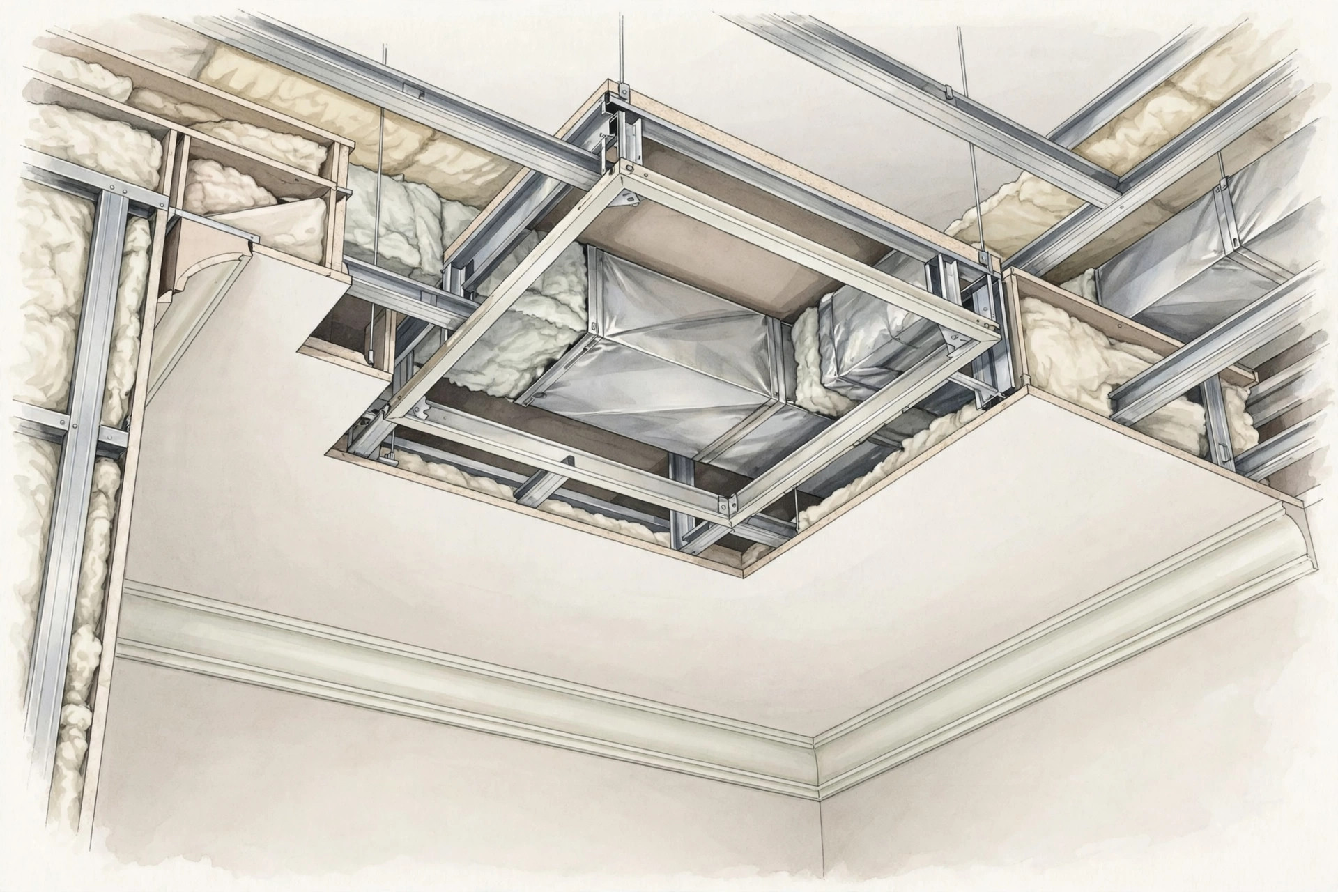 Illustration of a discreet access panel in a gypsum ceiling border above a duct