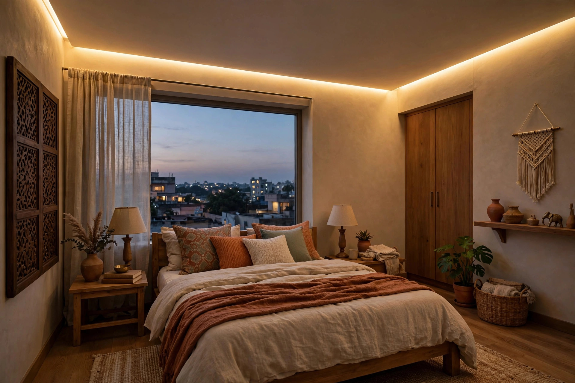 Bedroom at dusk with a single-level gypsum ceiling and warm LED cove strip