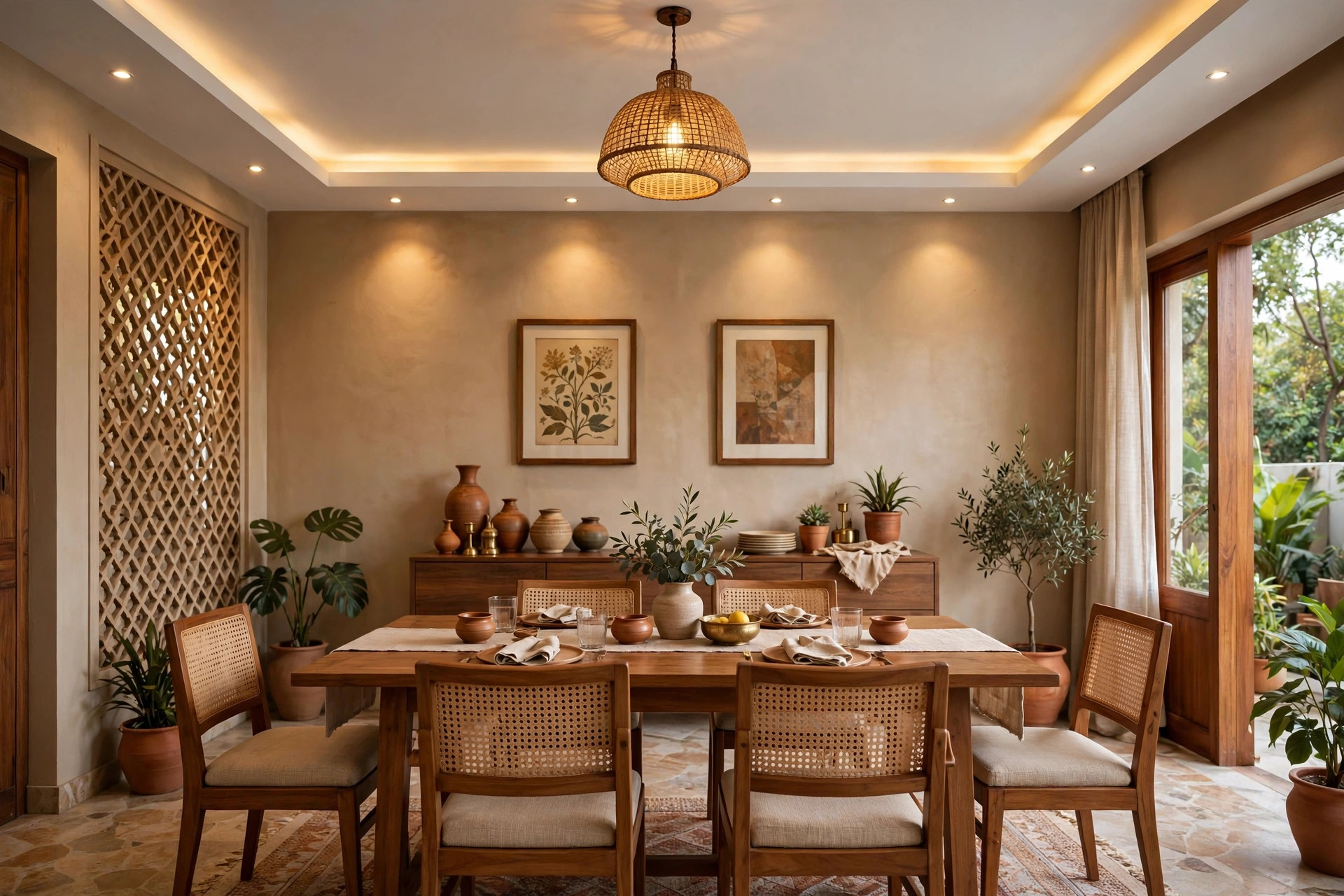 Dining room with a simple gypsum ceiling border and spotlights over the table