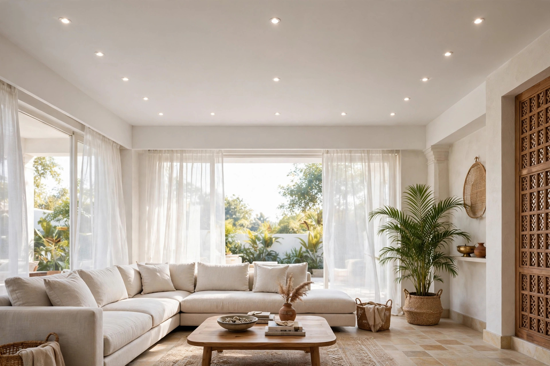 Hall with a flat white gypsum ceiling and evenly spaced recessed spotlights