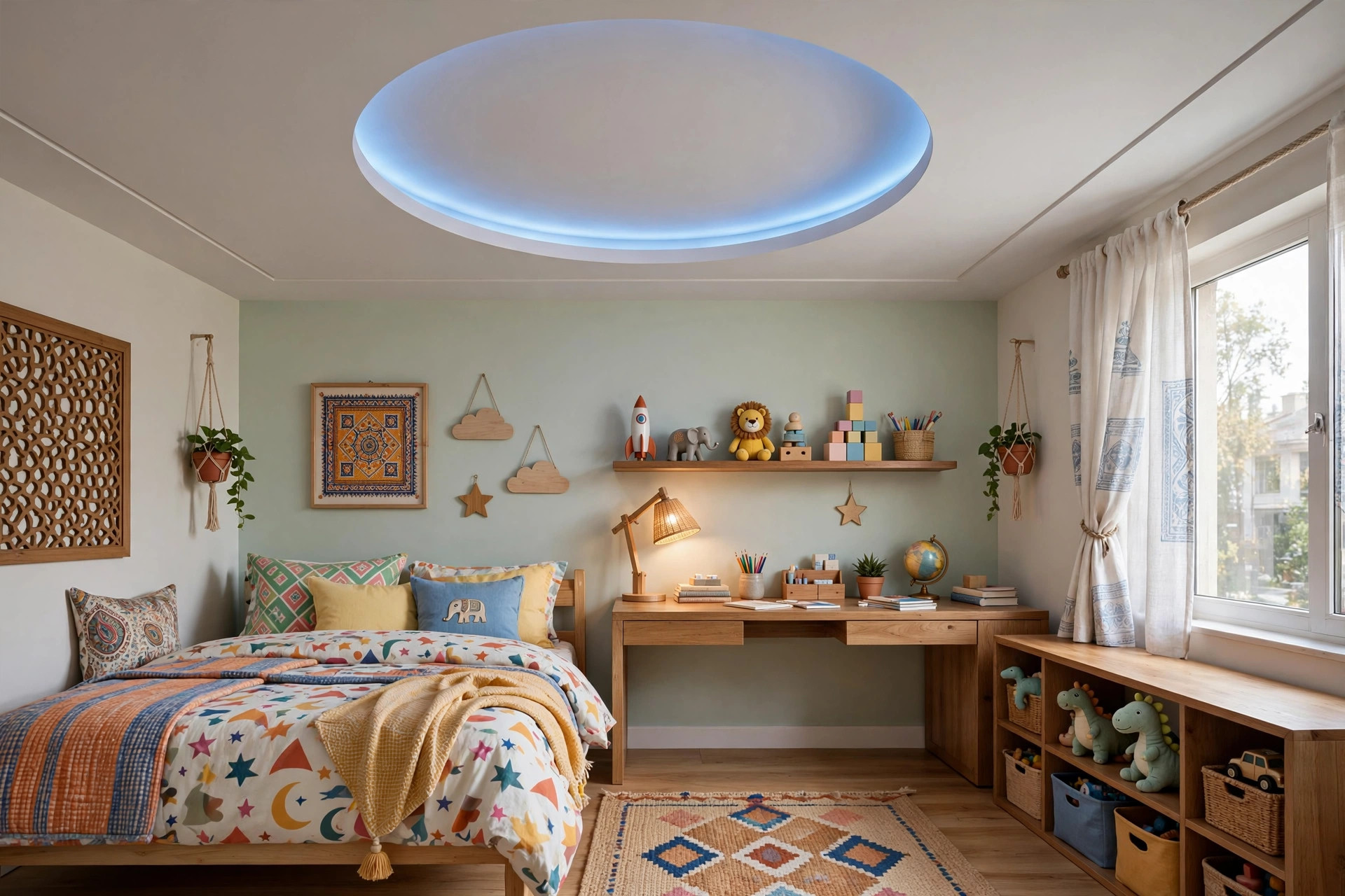 Kids bedroom with a simple circular gypsum tray ceiling glowing soft blue