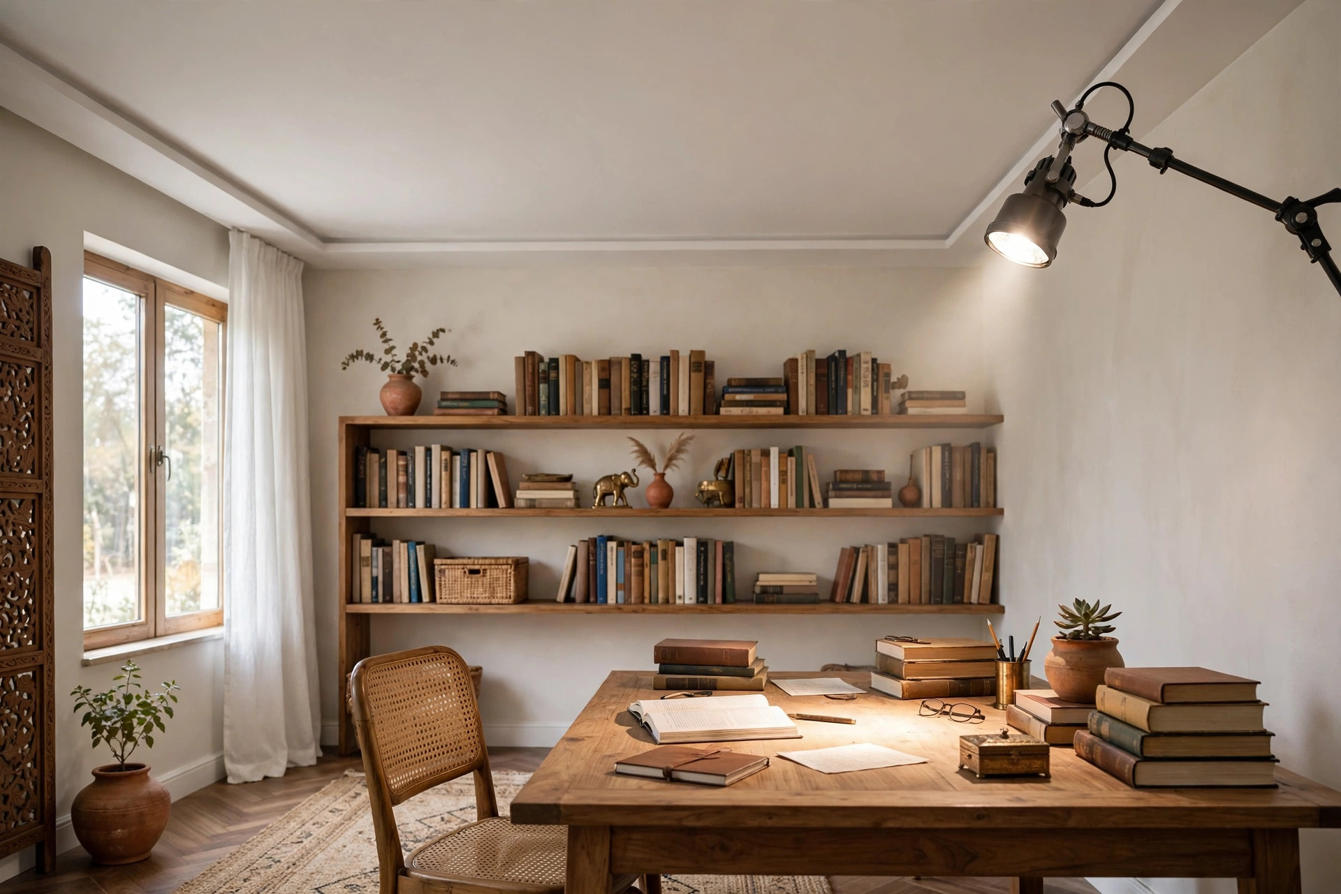 Study room with a flat gypsum ceiling and an adjustable task spotlight over the desk