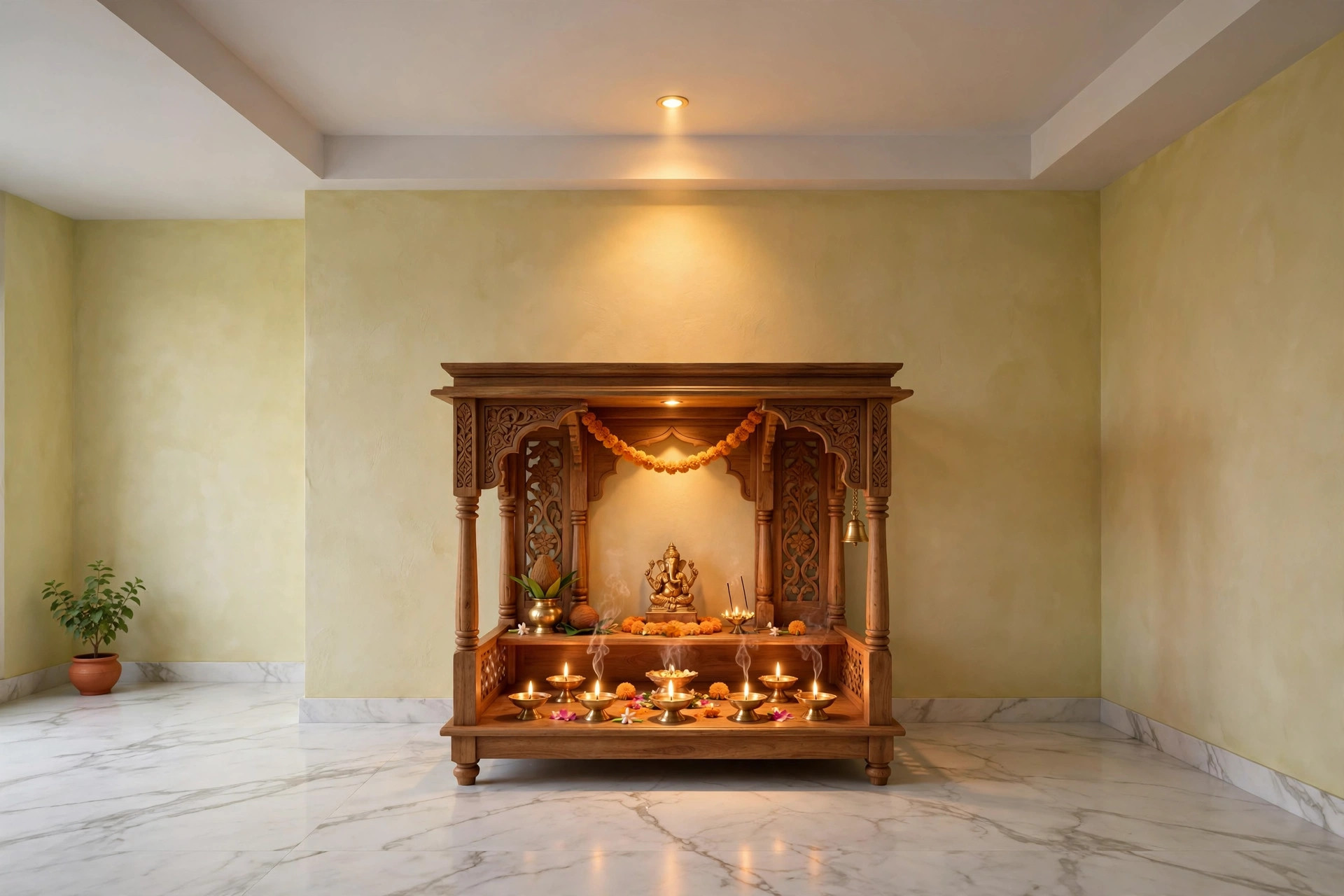 Pooja room with a simple white gypsum ceiling and a warm spotlight over the mandir