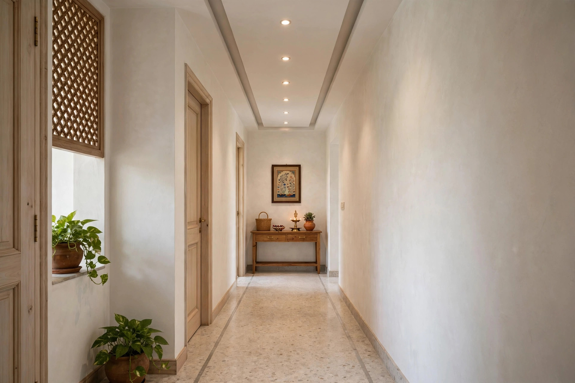 Narrow corridor with a slim recessed gypsum ceiling strip and downlights
