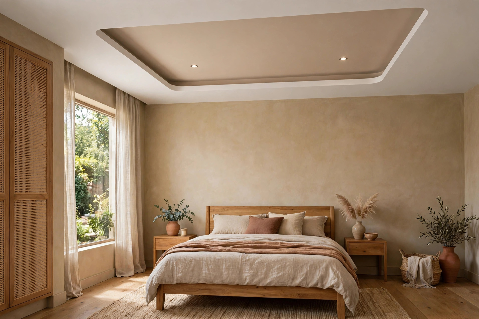 Bedroom with a simple two-tone gypsum ceiling, white border and soft beige inner panel