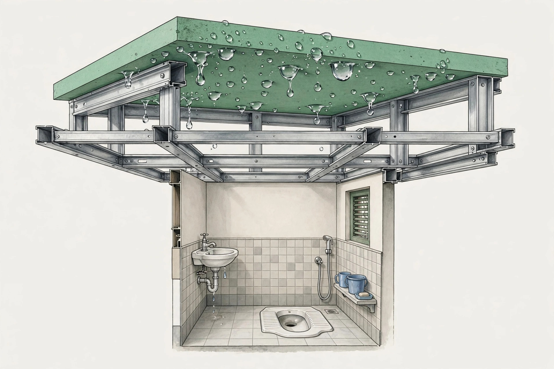 Illustration of a green moisture-resistant gypsum board on a metal frame