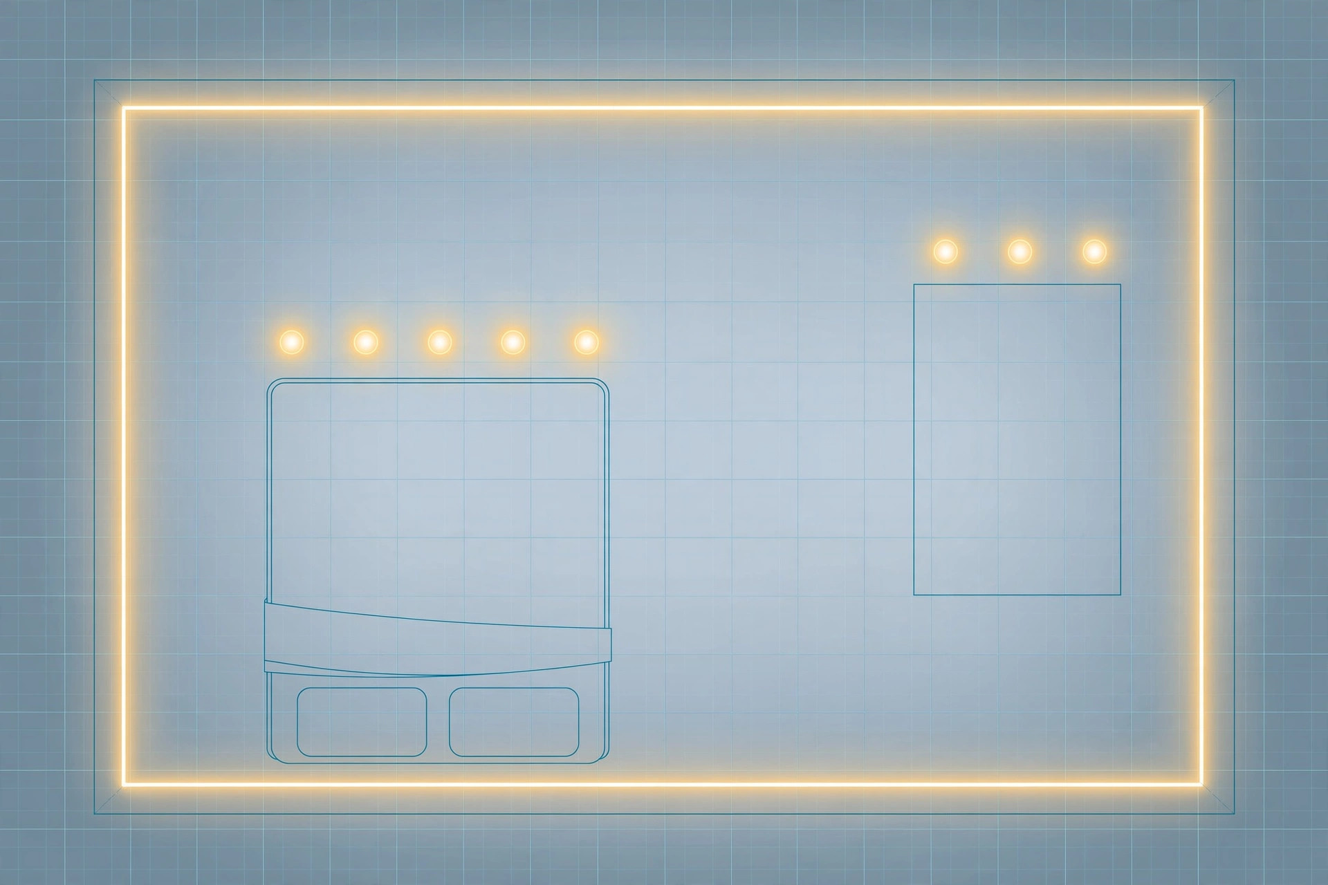 Plan diagram of a bedroom ceiling lighting layout with spots and a cove strip