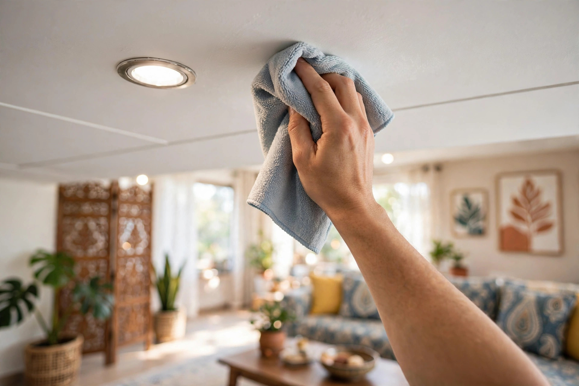 Hand wiping a gypsum false ceiling with a soft dry cloth near a spotlight