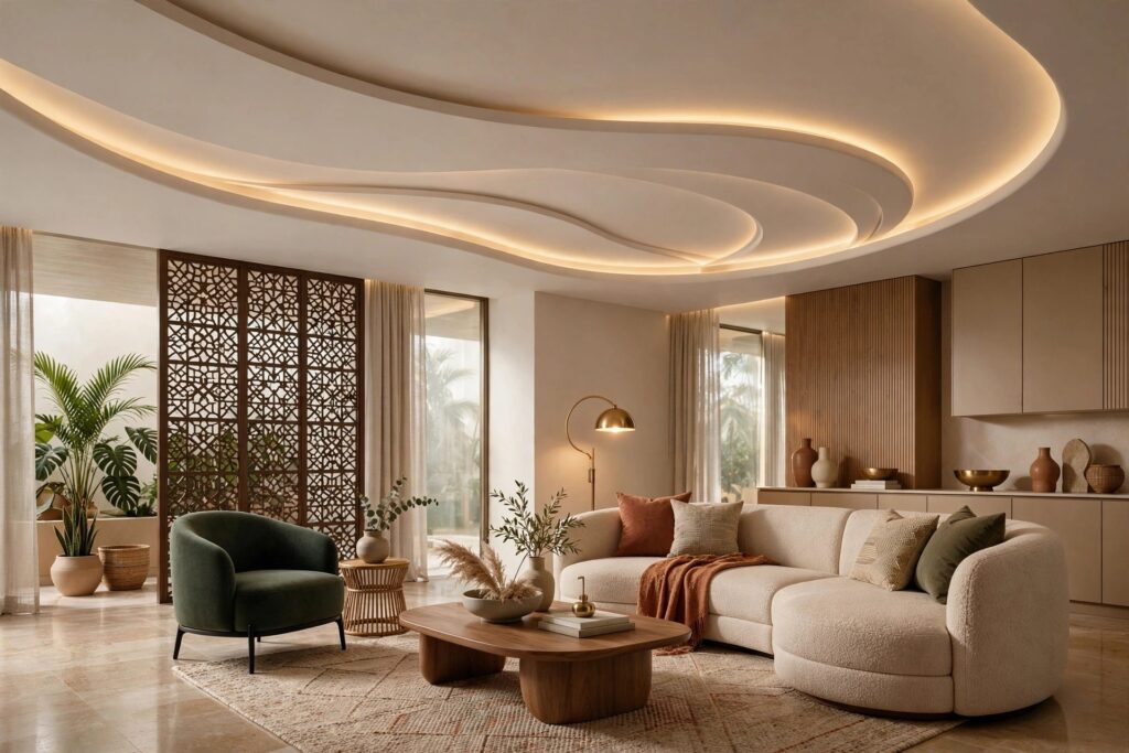 Modern living room with a curved gypsum false ceiling and warm cove lighting