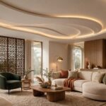 Modern living room with a curved gypsum false ceiling and warm cove lighting